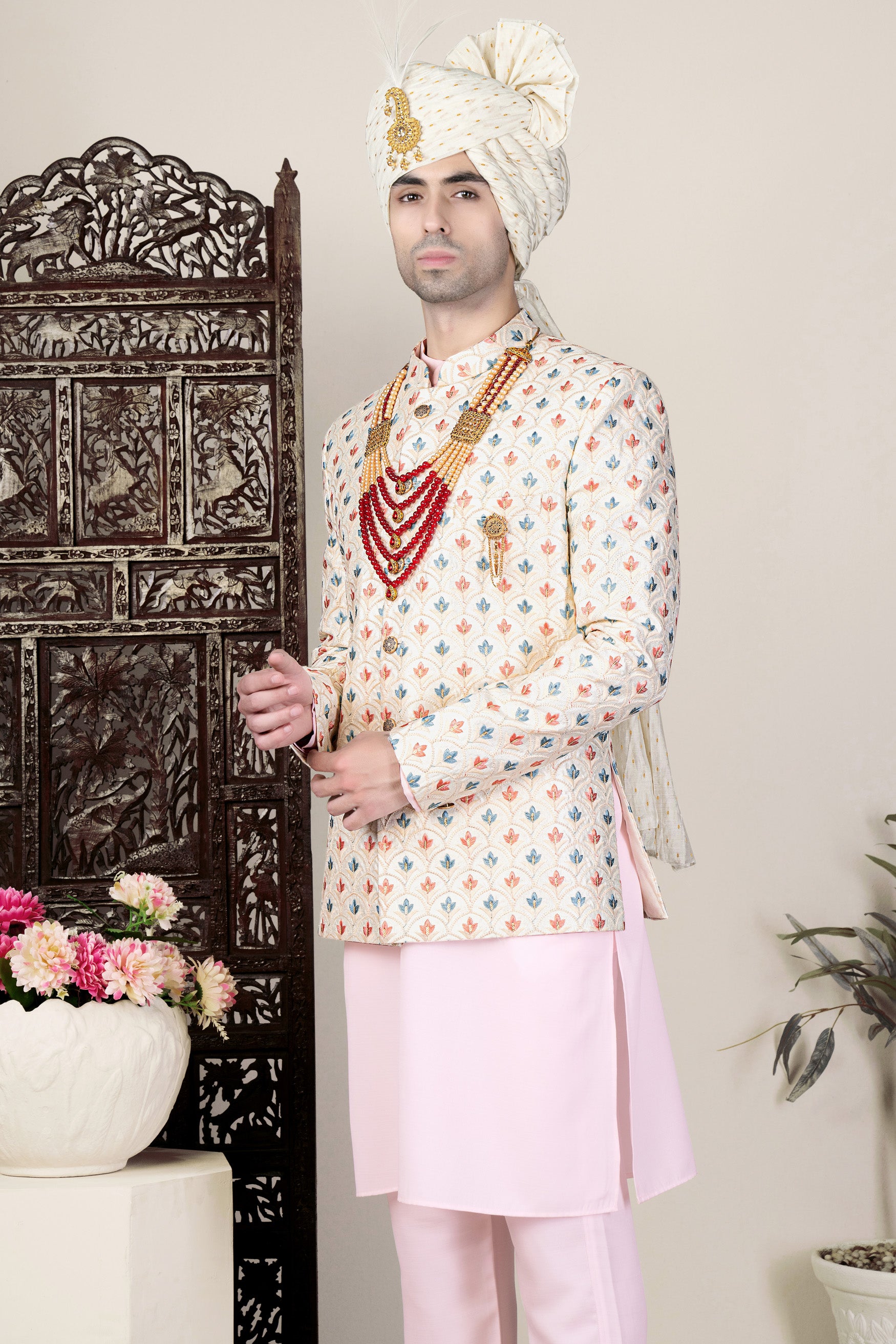 Ecru Cream and Heather Blue Multicolour Thread Embroidered Jodhpuri