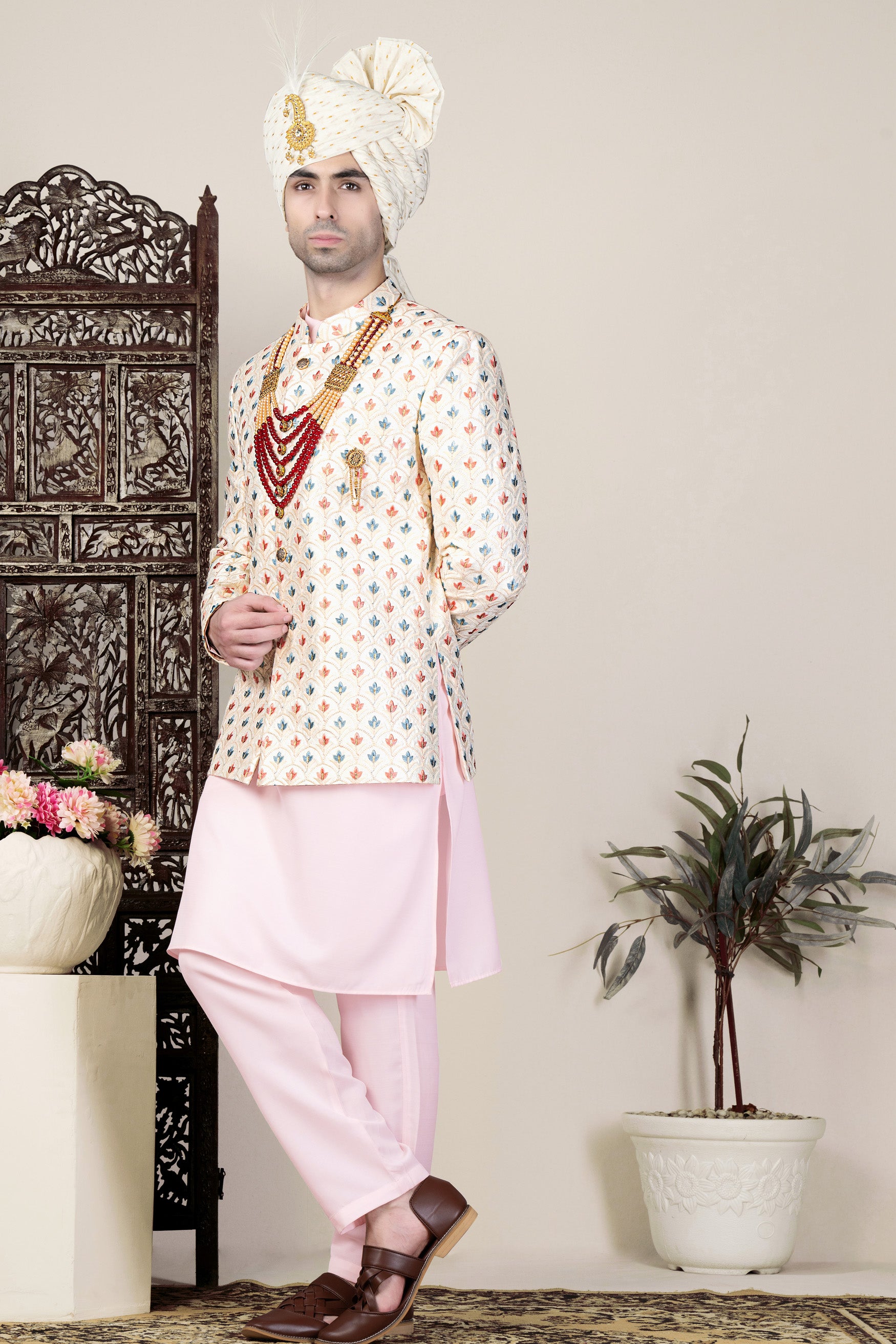 Ecru Cream and Heather Blue Multicolour Thread Embroidered Jodhpuri