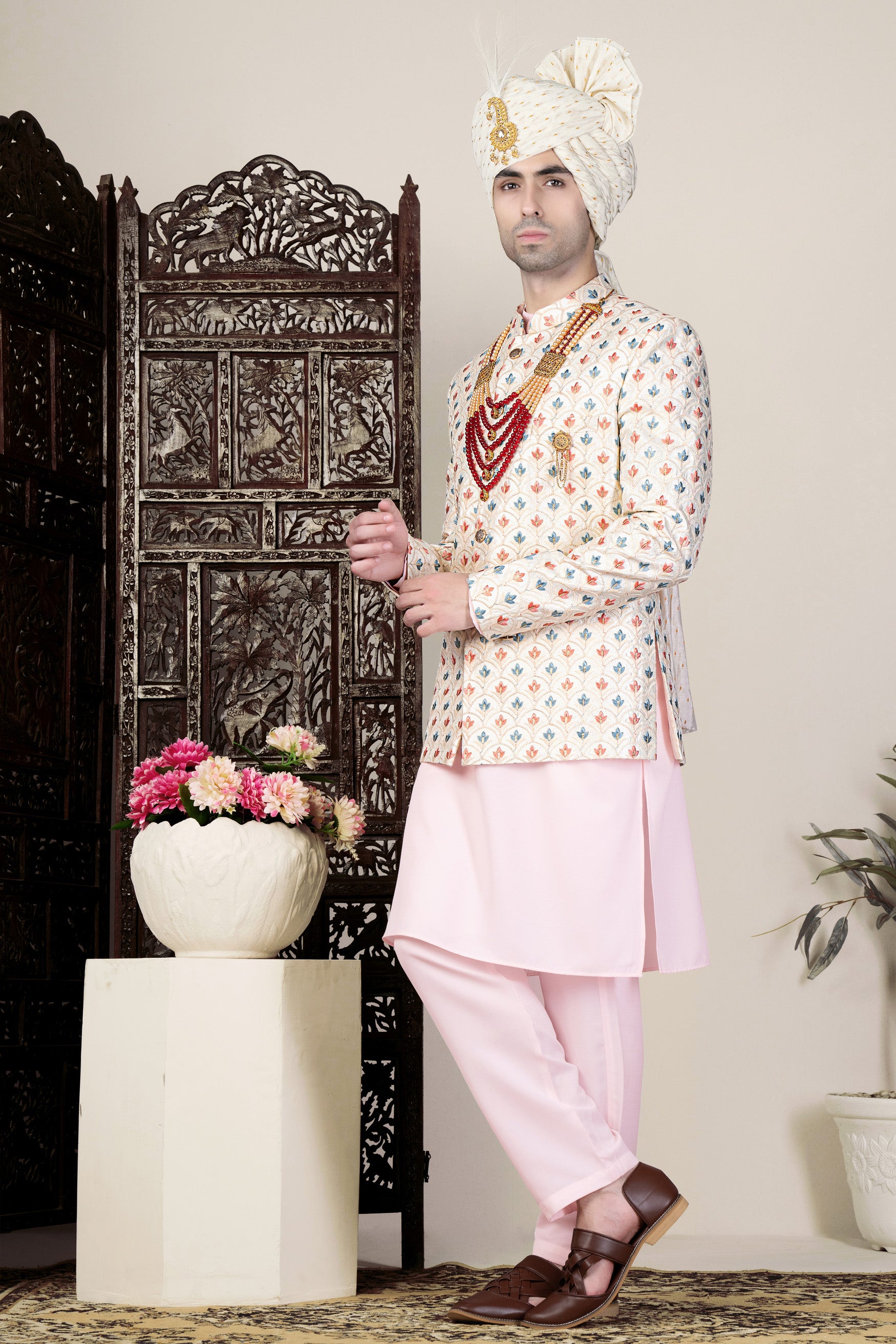 Ecru Cream and Heather Blue Multicolour Thread Embroidered Jodhpuri