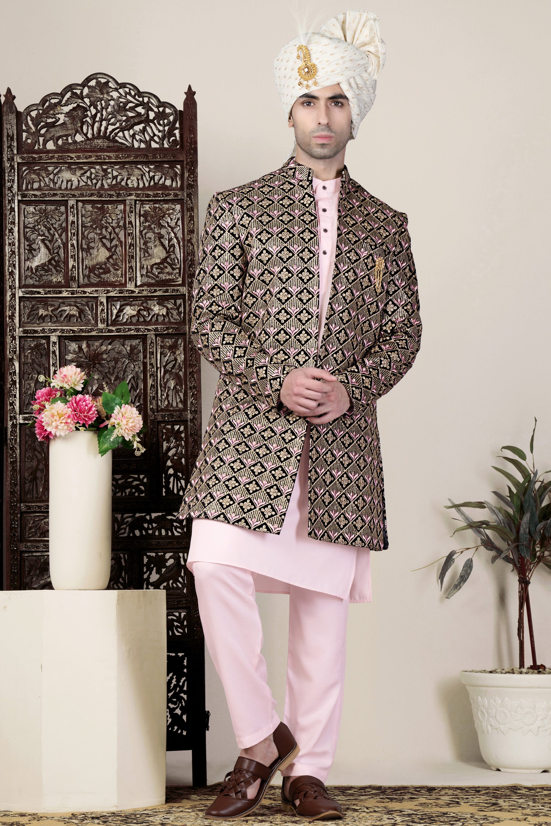 Jade Black and Wewak Pink Geometric Thread Embroidered Indo-Western