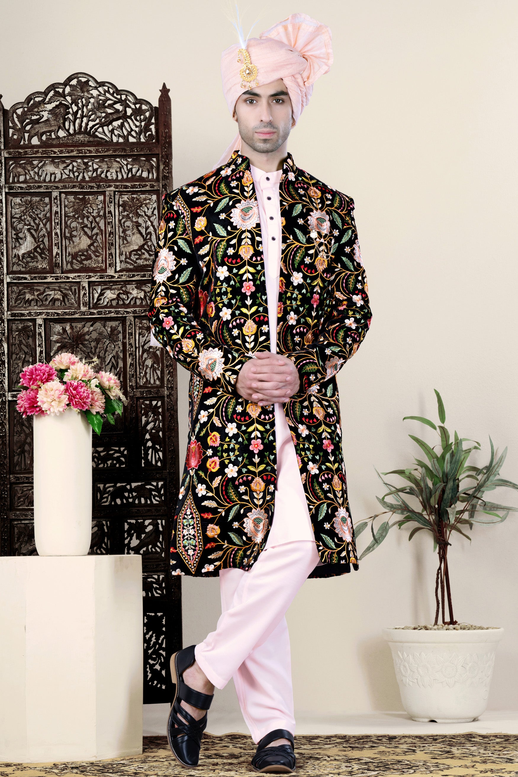 Jade Black with Chalet Green and Geenbug Orange Multicolour Floral Embroidered Indo-Western Set