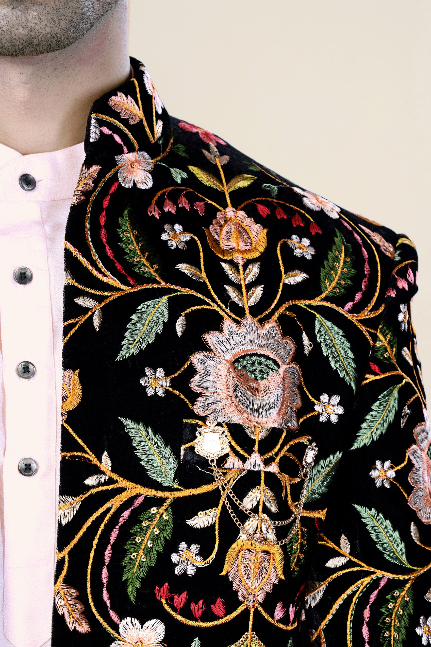 Jade Black with Chalet Green and Geenbug Orange Multicolour Floral Embroidered Indo-Western Set