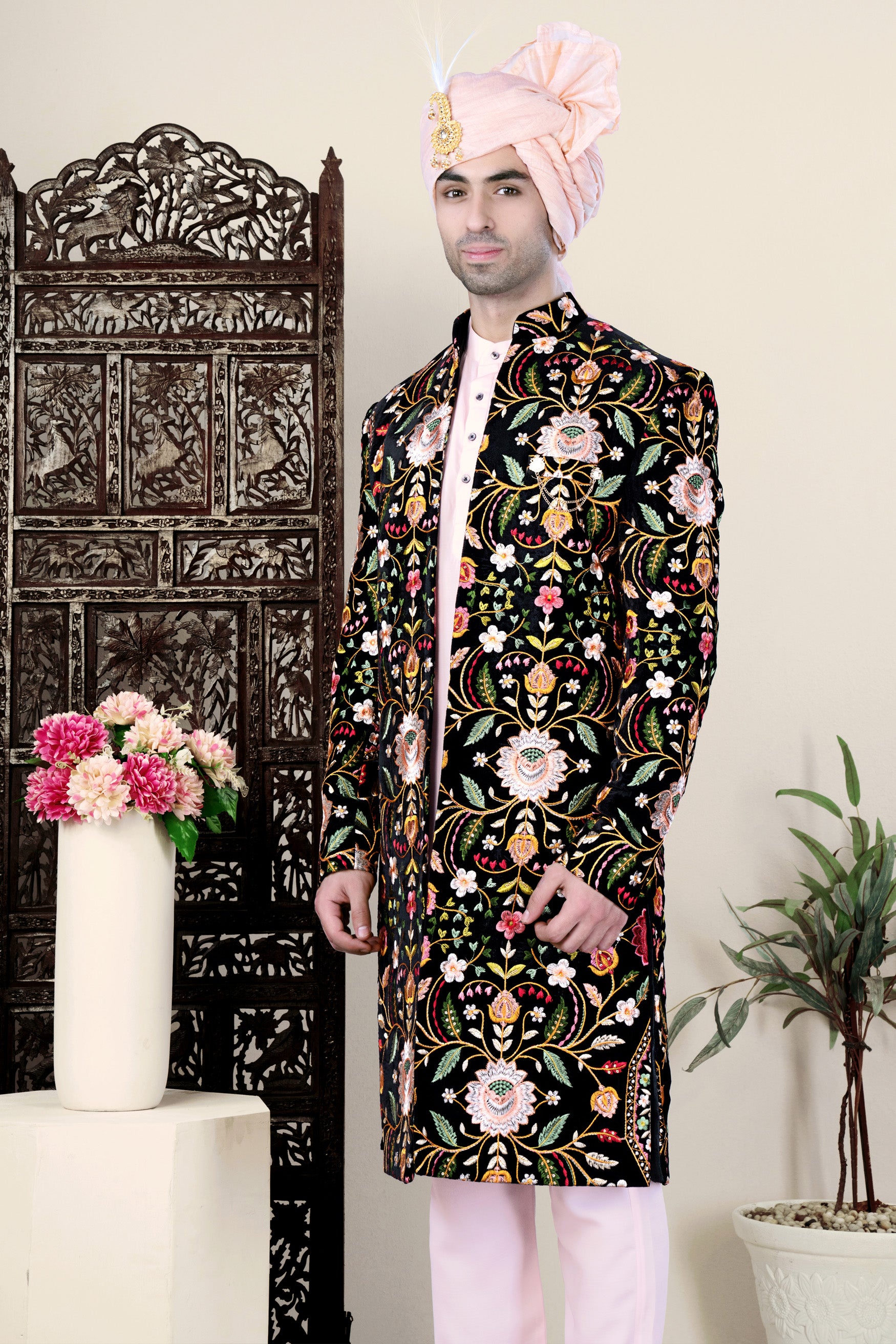 Jade Black with Chalet Green and Geenbug Orange Multicolour Floral Embroidered Indo-Western Set