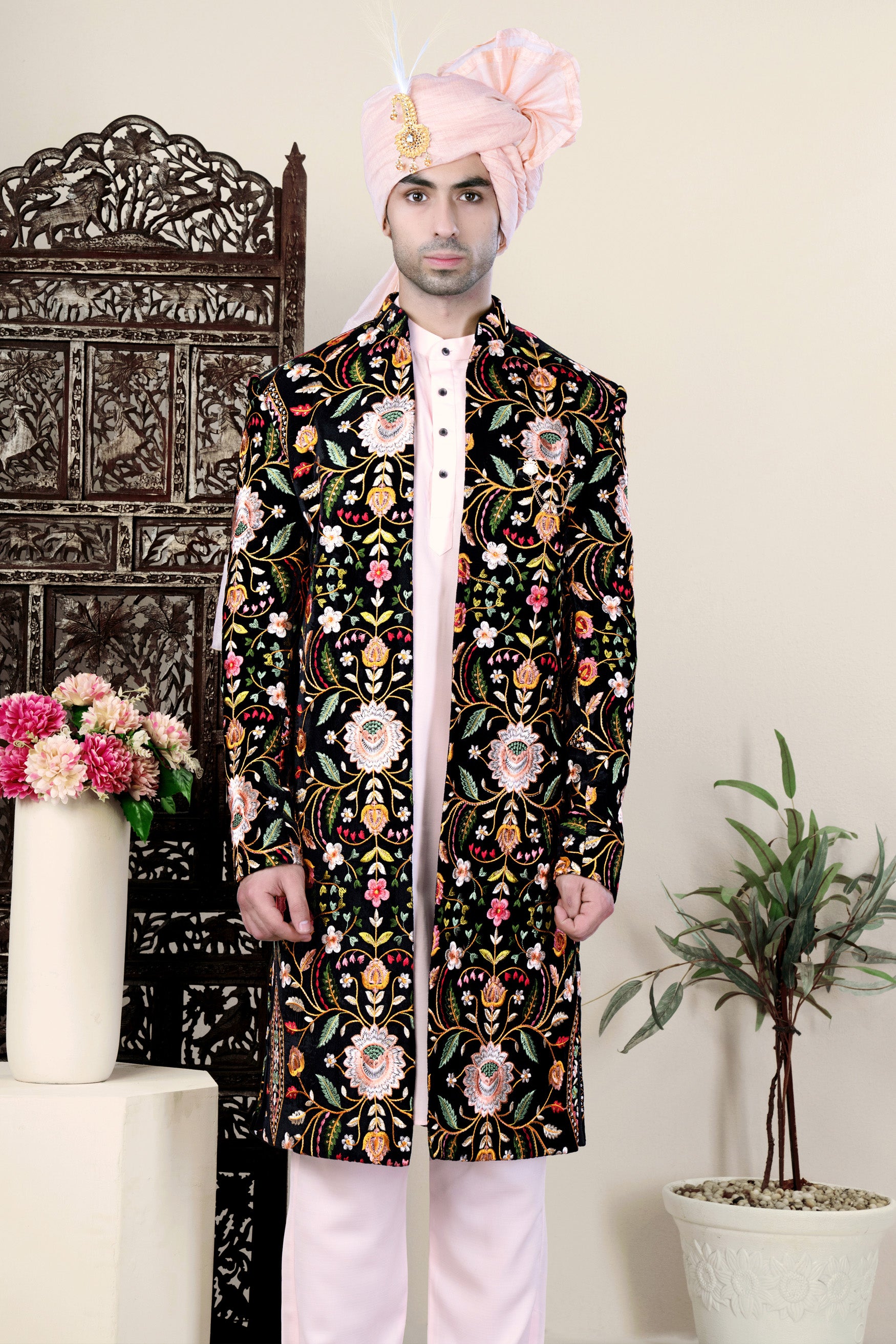 Jade Black with Chalet Green and Geenbug Orange Multicolour Floral Embroidered Indo-Western Set