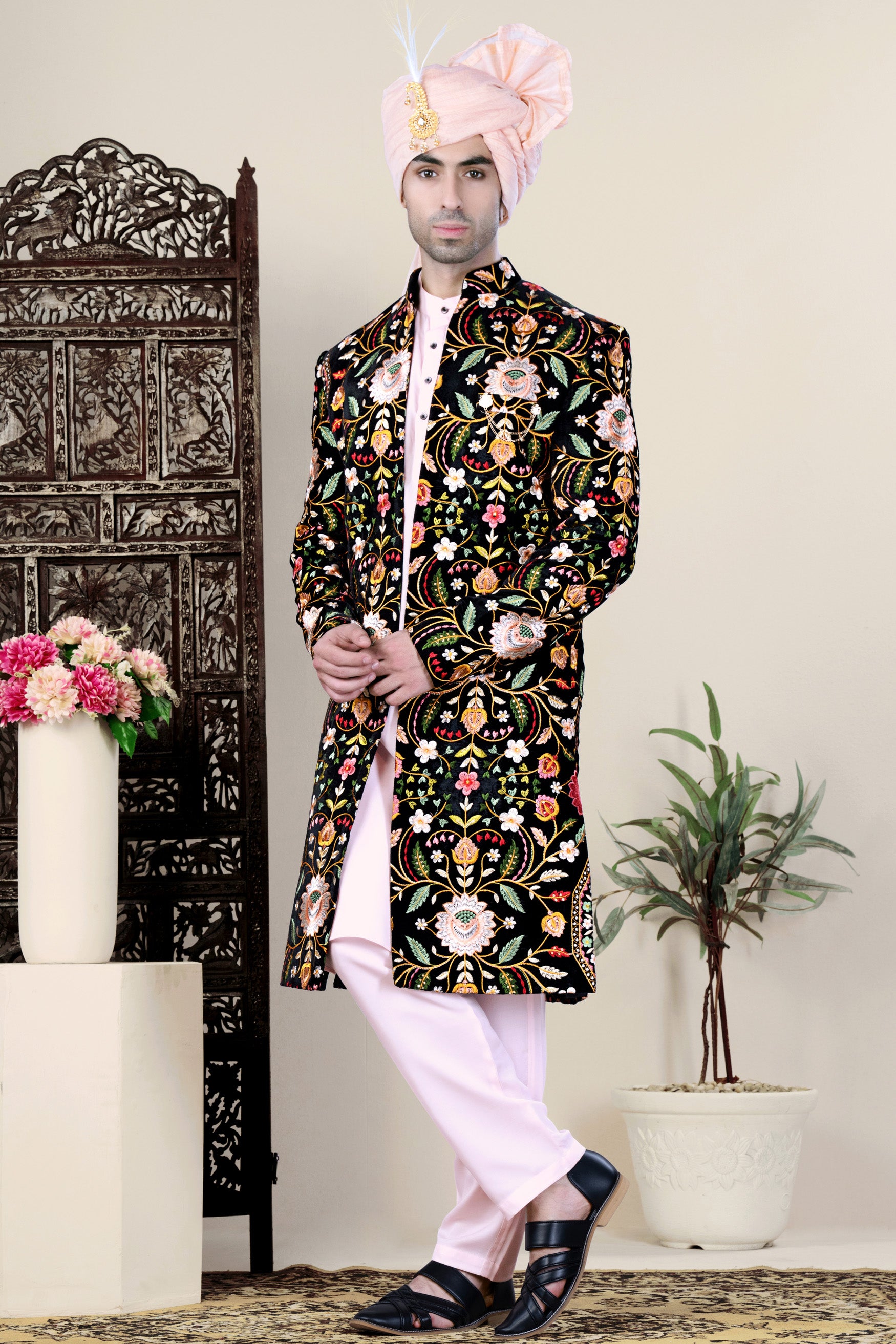 Jade Black with Chalet Green and Geenbug Orange Multicolour Floral Embroidered Indo-Western Set