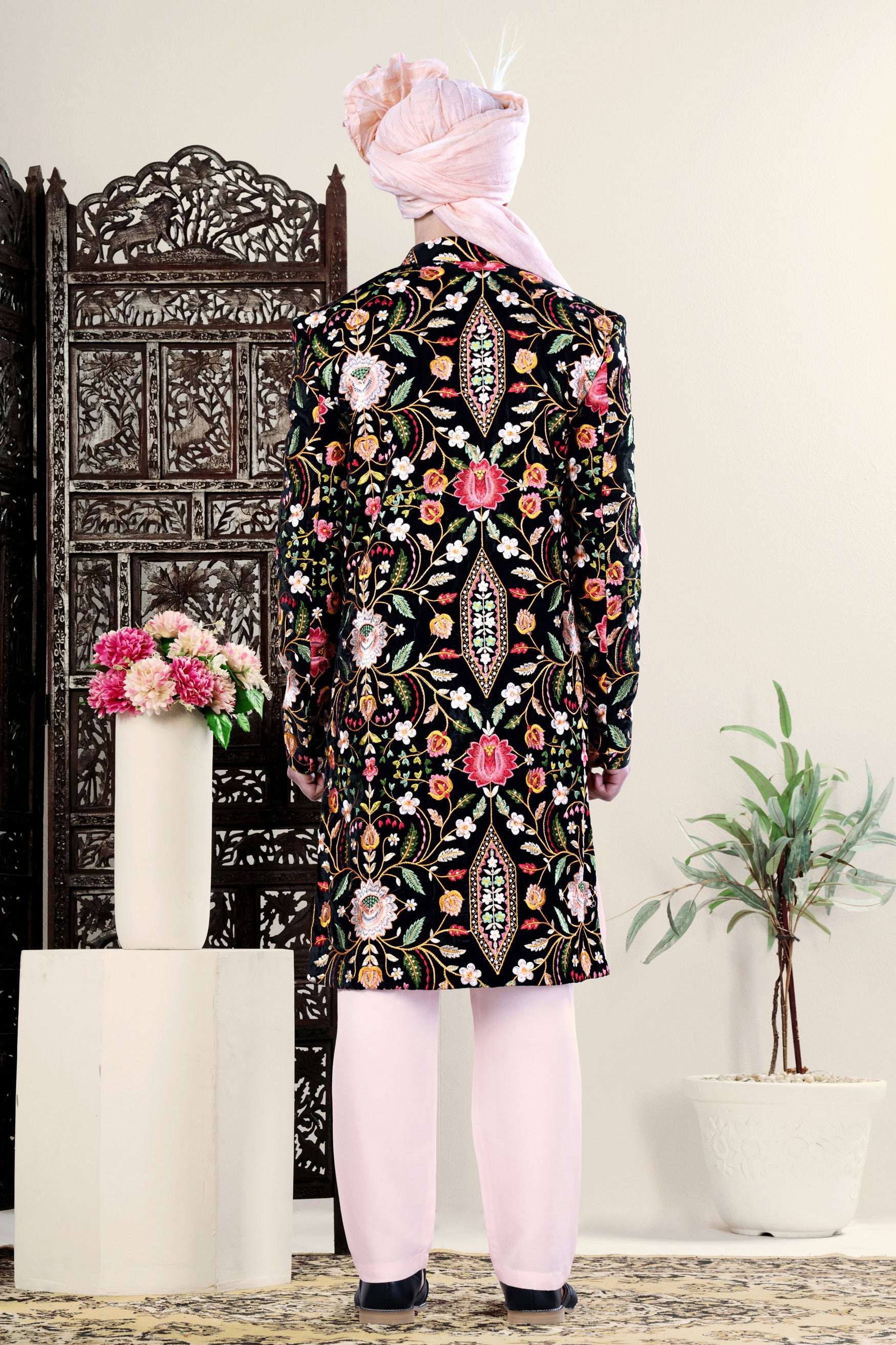 Jade Black with Chalet Green and Geenbug Orange Multicolour Floral Embroidered Indo-Western Set