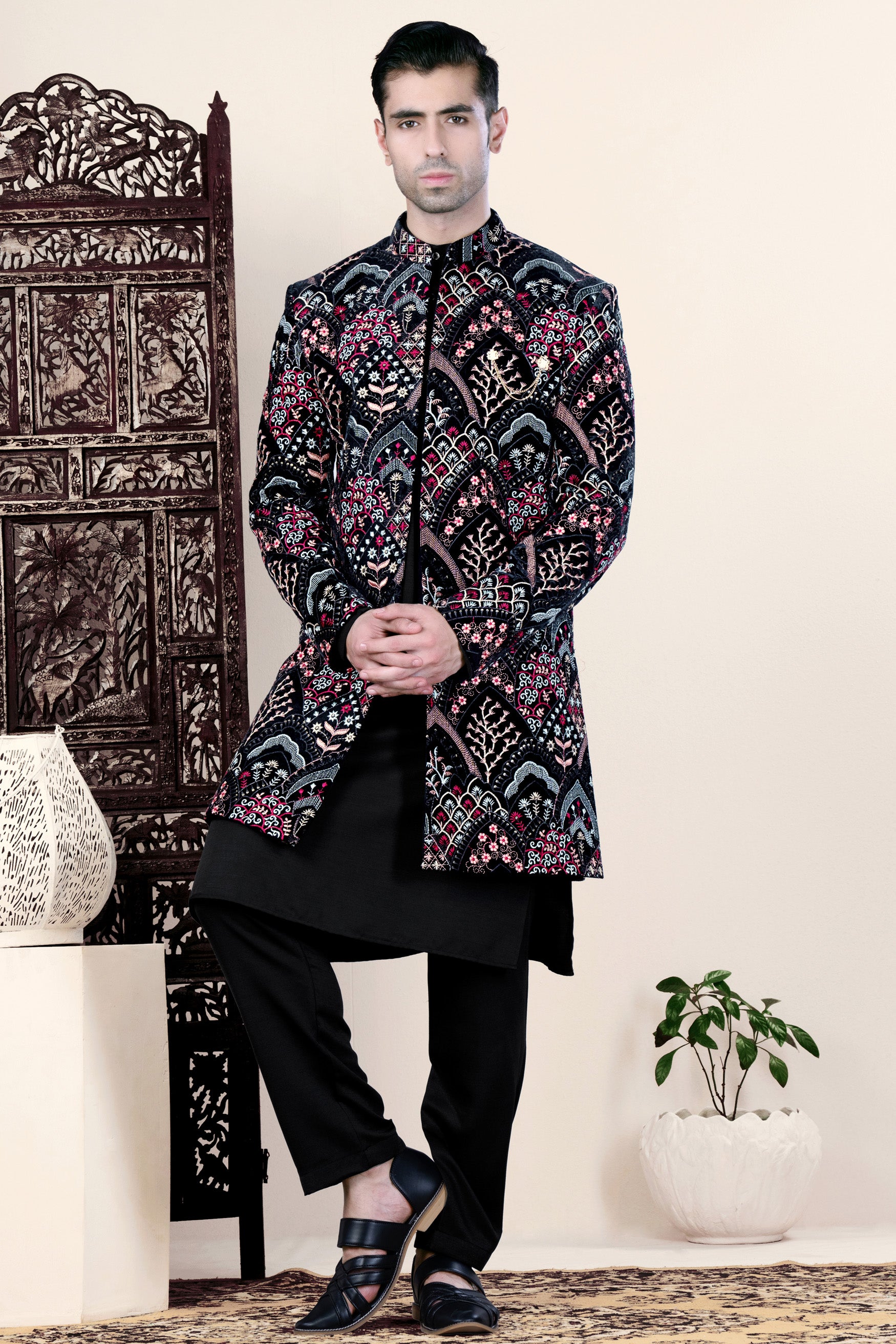 Jade Black with Tyrian Pink and Opium Brown Multicolour Floral Embroidered Indo-Western Set