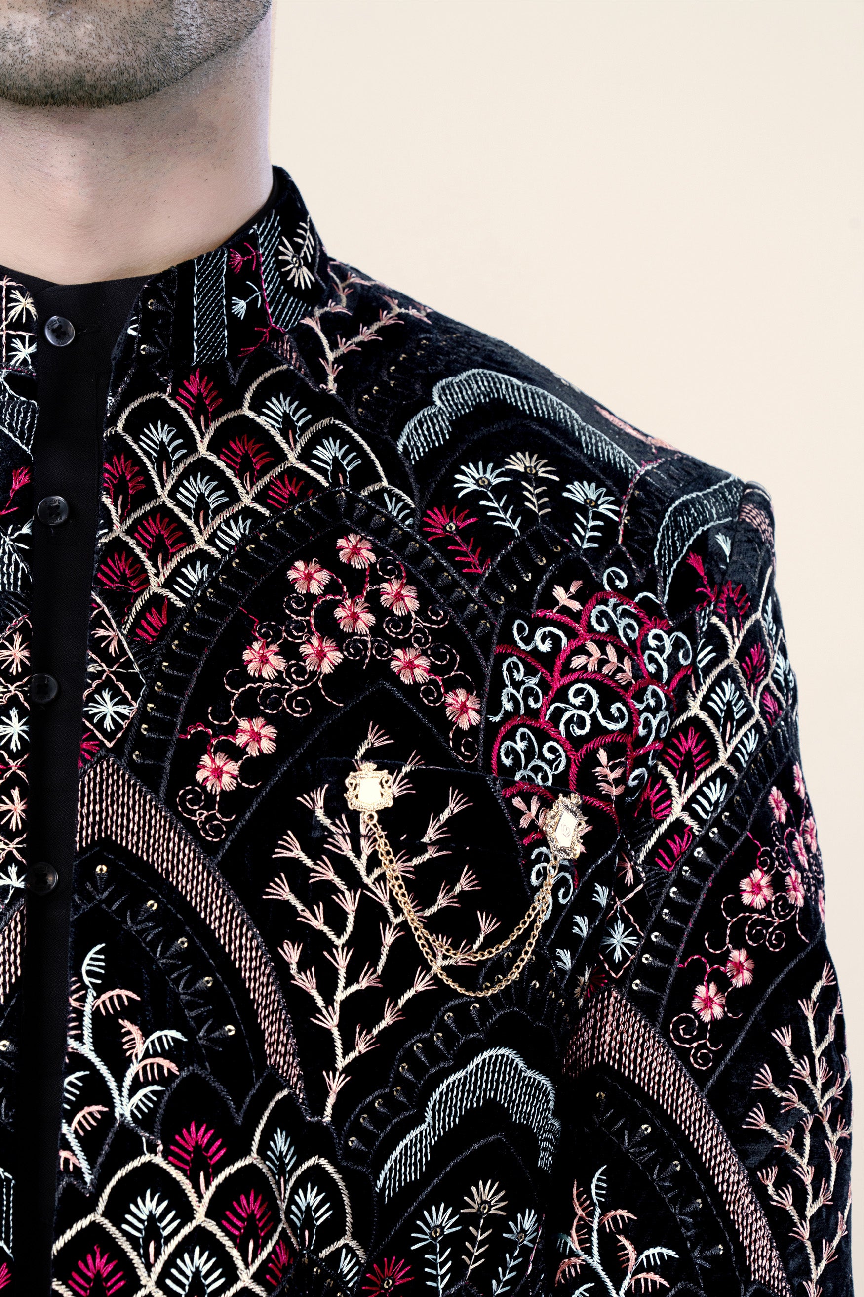 Jade Black with Tyrian Pink and Opium Brown Multicolour Floral Embroidered Indo-Western Set