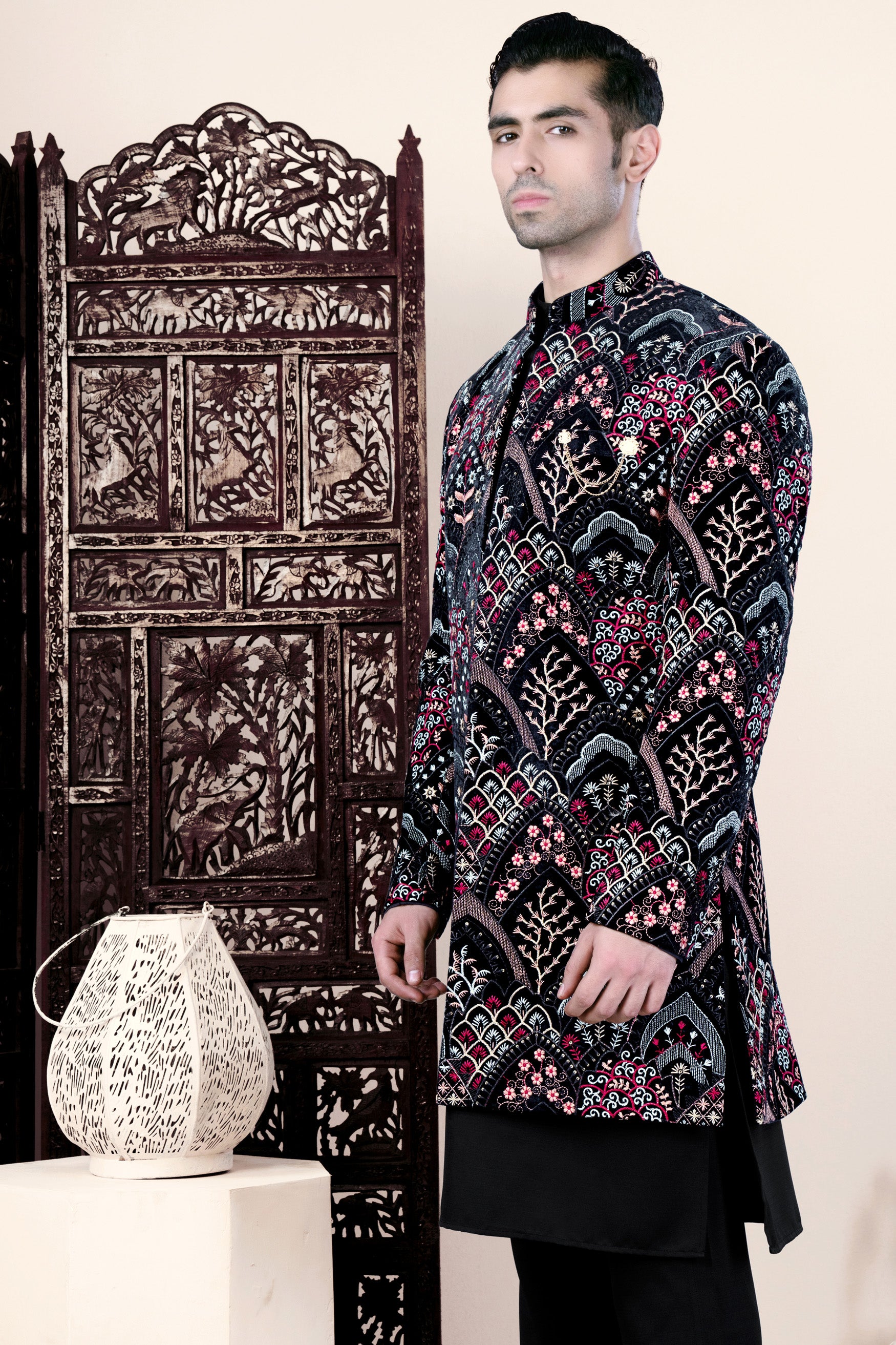 Jade Black with Tyrian Pink and Opium Brown Multicolour Floral Embroidered Indo-Western Set
