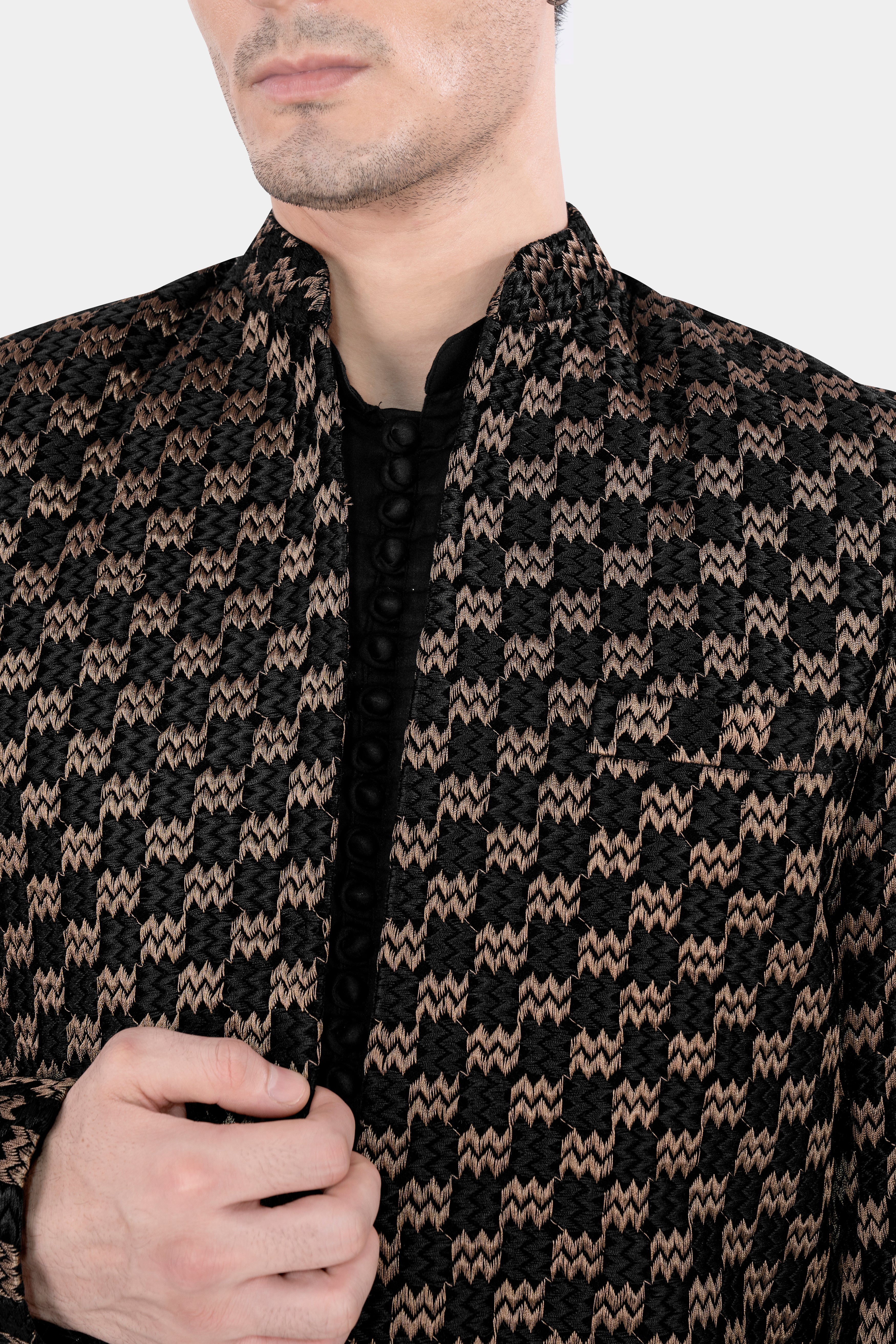 Jade Black and Toast Brown Zig Zag Embroidered Indo Western with Black Kurta and Pant Set