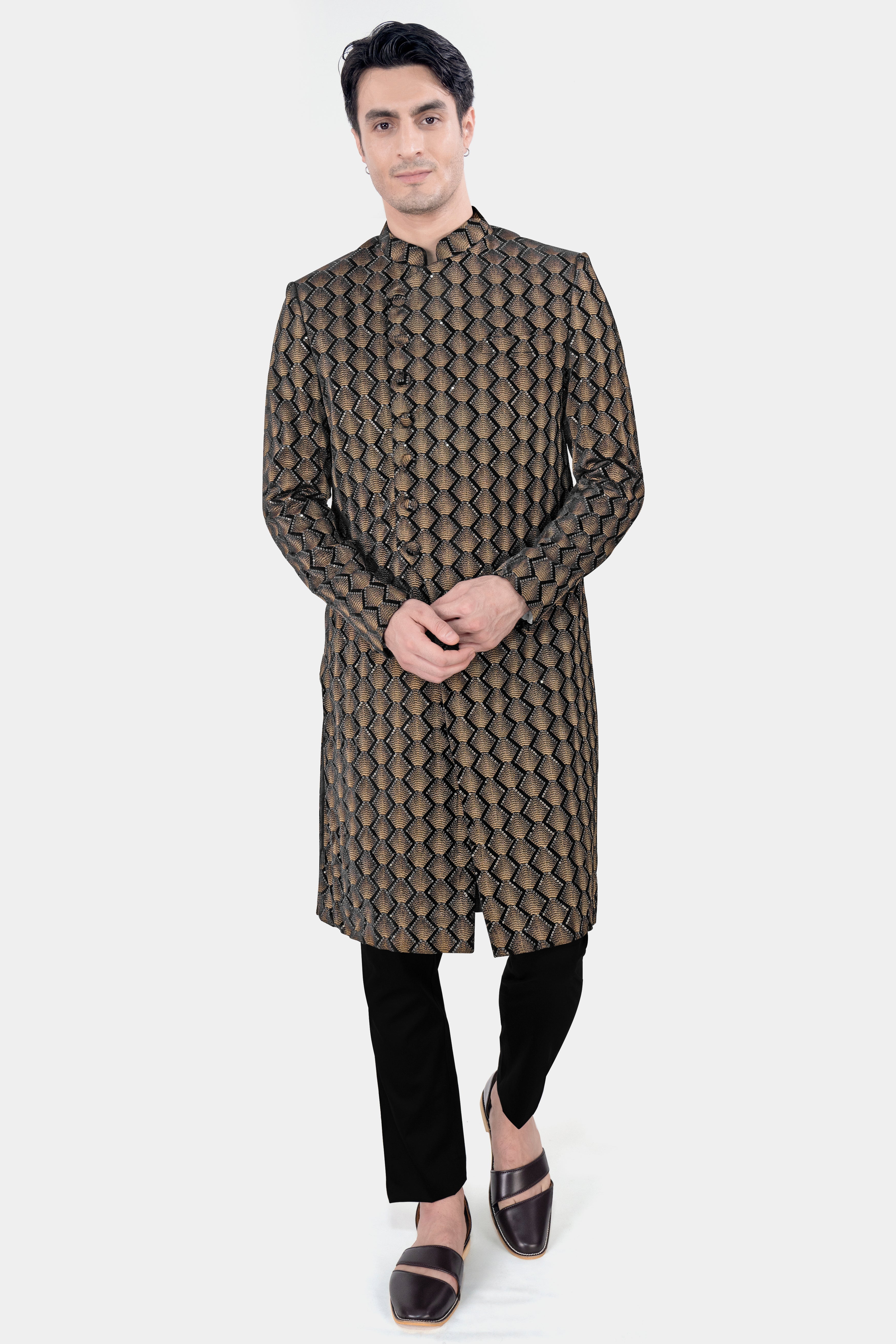 Jade Black and Toast Brown Golden Thread Embroidered Indo Western with Kurta and Pant Set