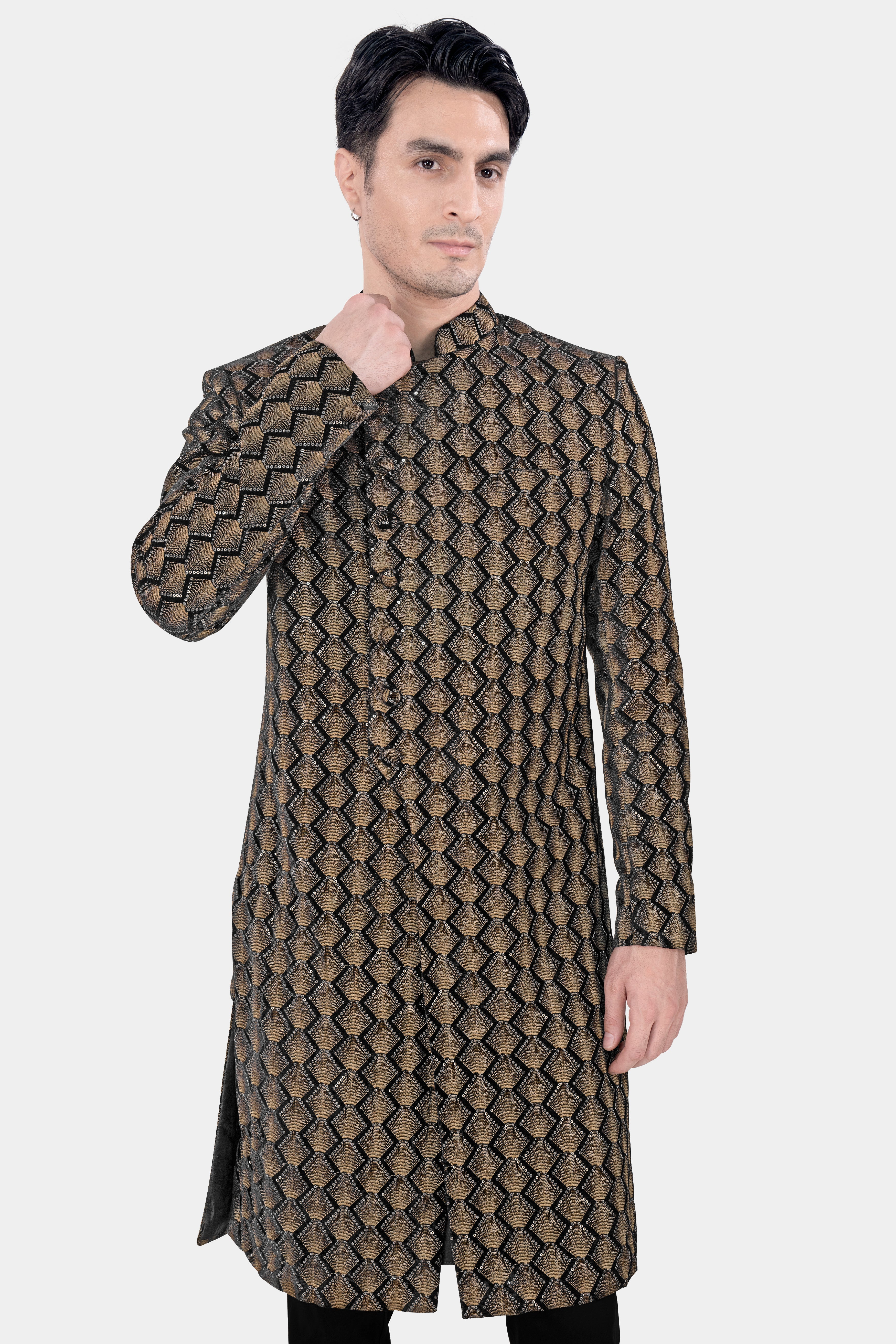 Jade Black and Toast Brown Golden Thread Embroidered Indo Western with Kurta and Pant Set