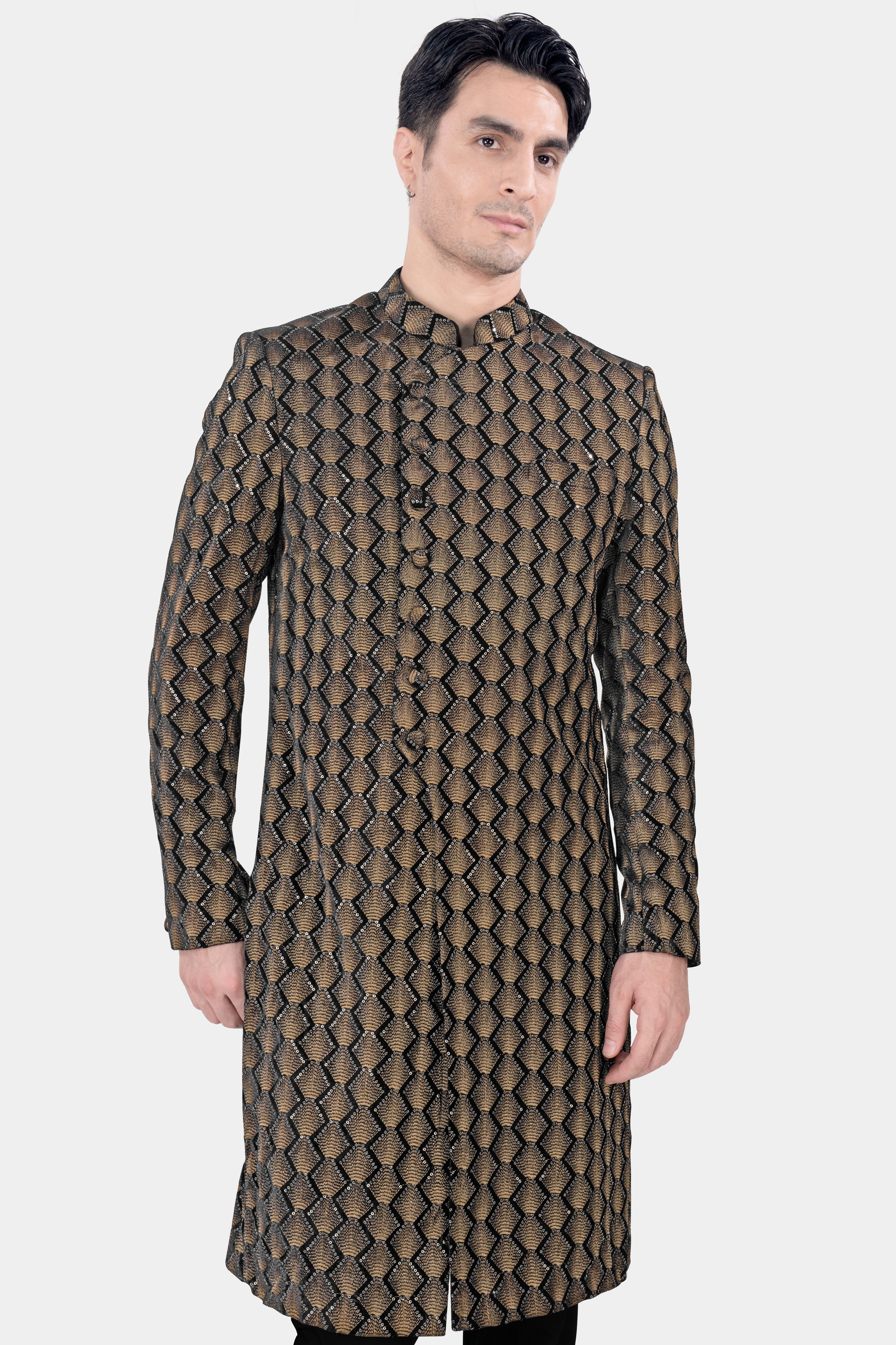 Jade Black and Toast Brown Golden Thread Embroidered Indo Western with Kurta and Pant Set