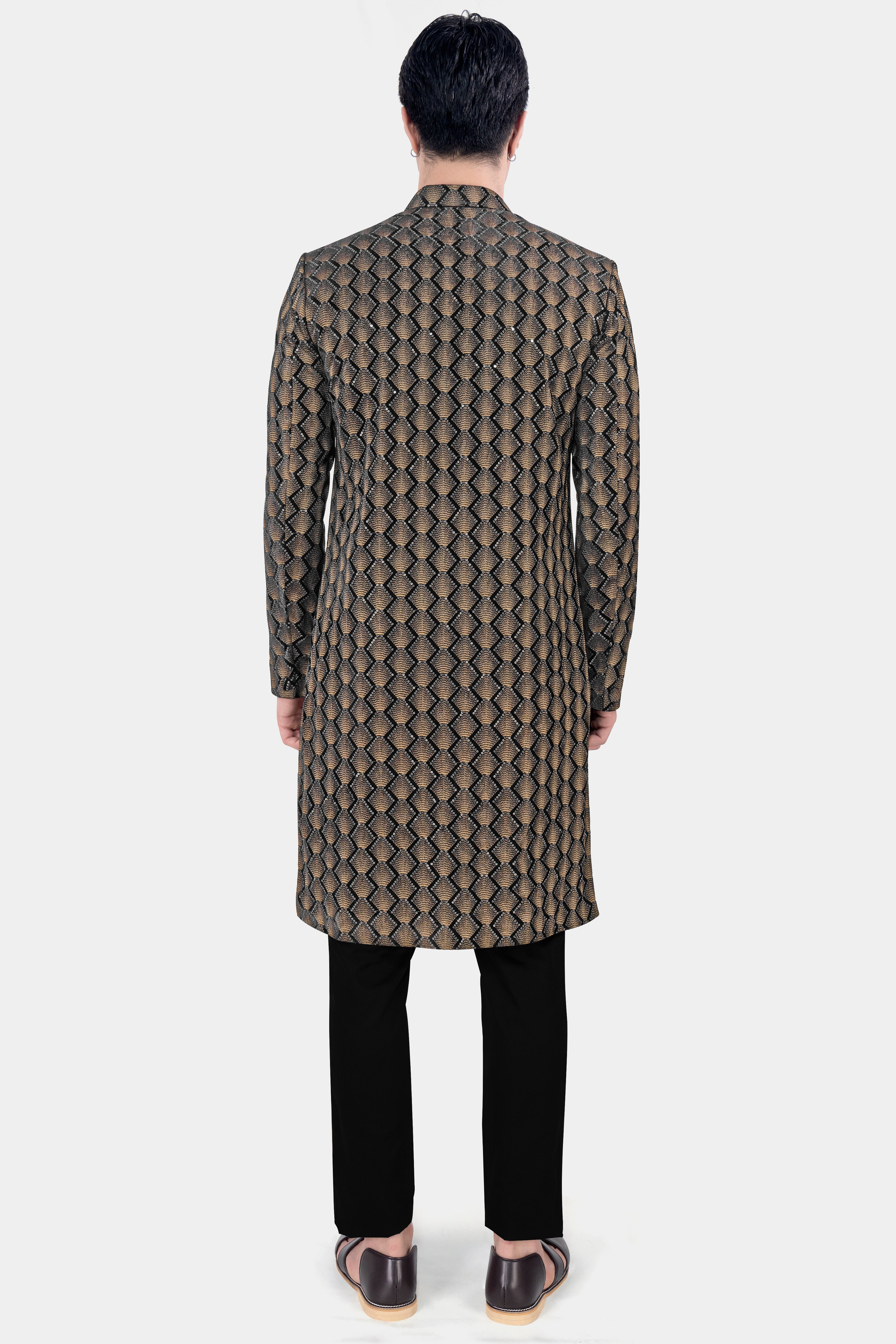 Jade Black and Toast Brown Golden Thread Embroidered Indo Western with Kurta and Pant Set