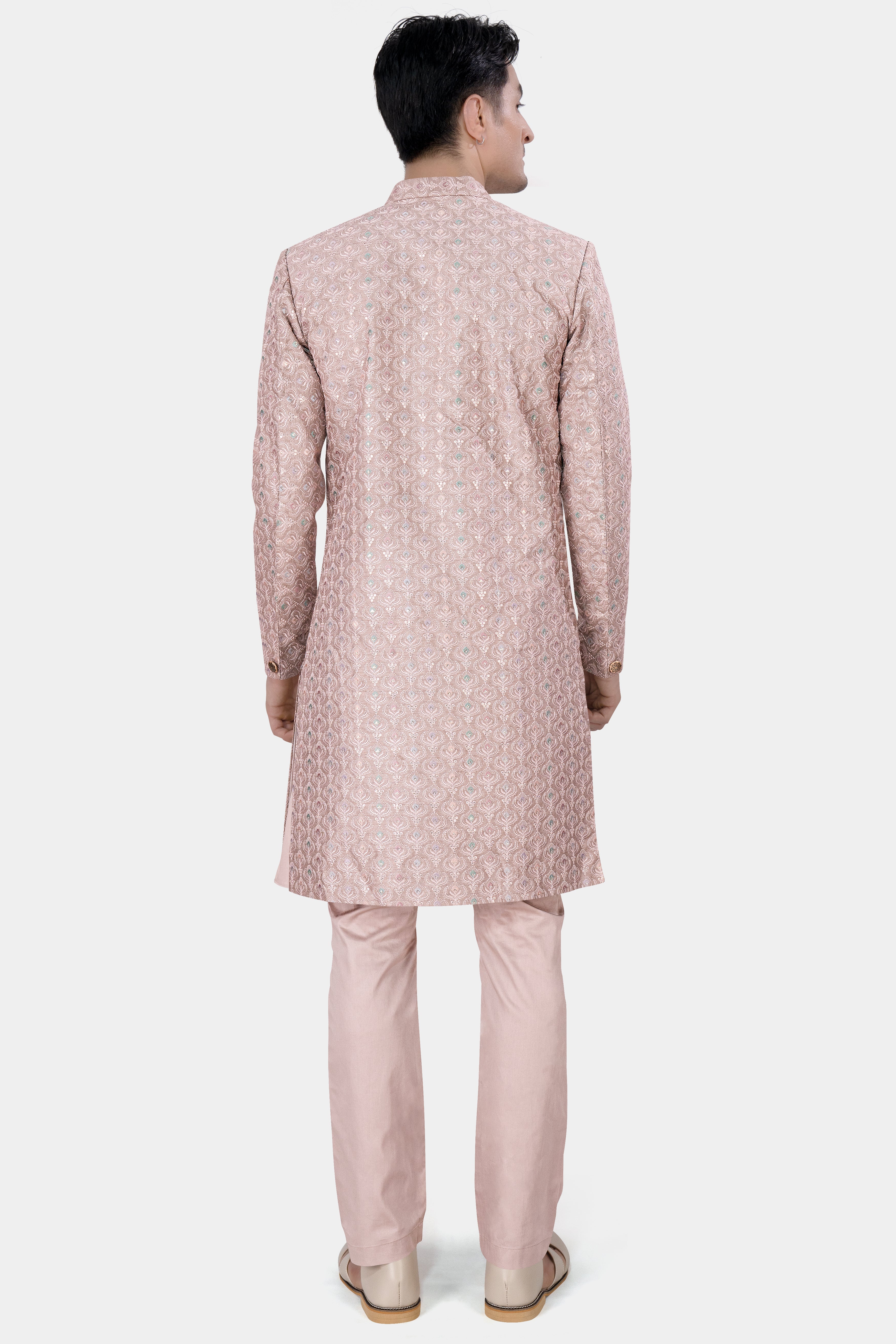 Rodeo Dust Peach Tone on Tone Sequins and Embroidered Work Sherwani with Kurta and Pant Set