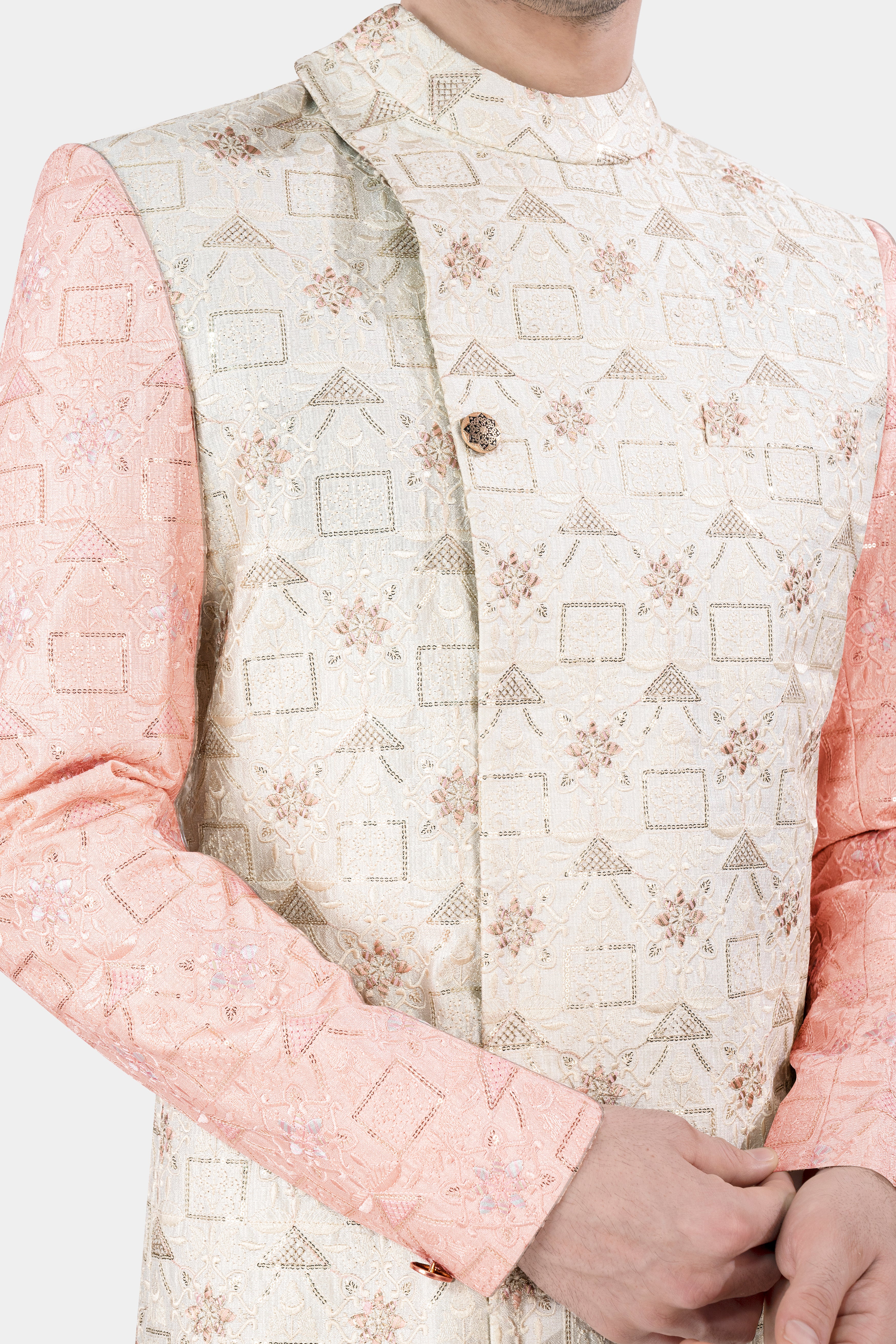 Alabaster Cream and Blush Pink Embroidered With Sequins Work Sherwani With Cream Kurta and Pajama Set