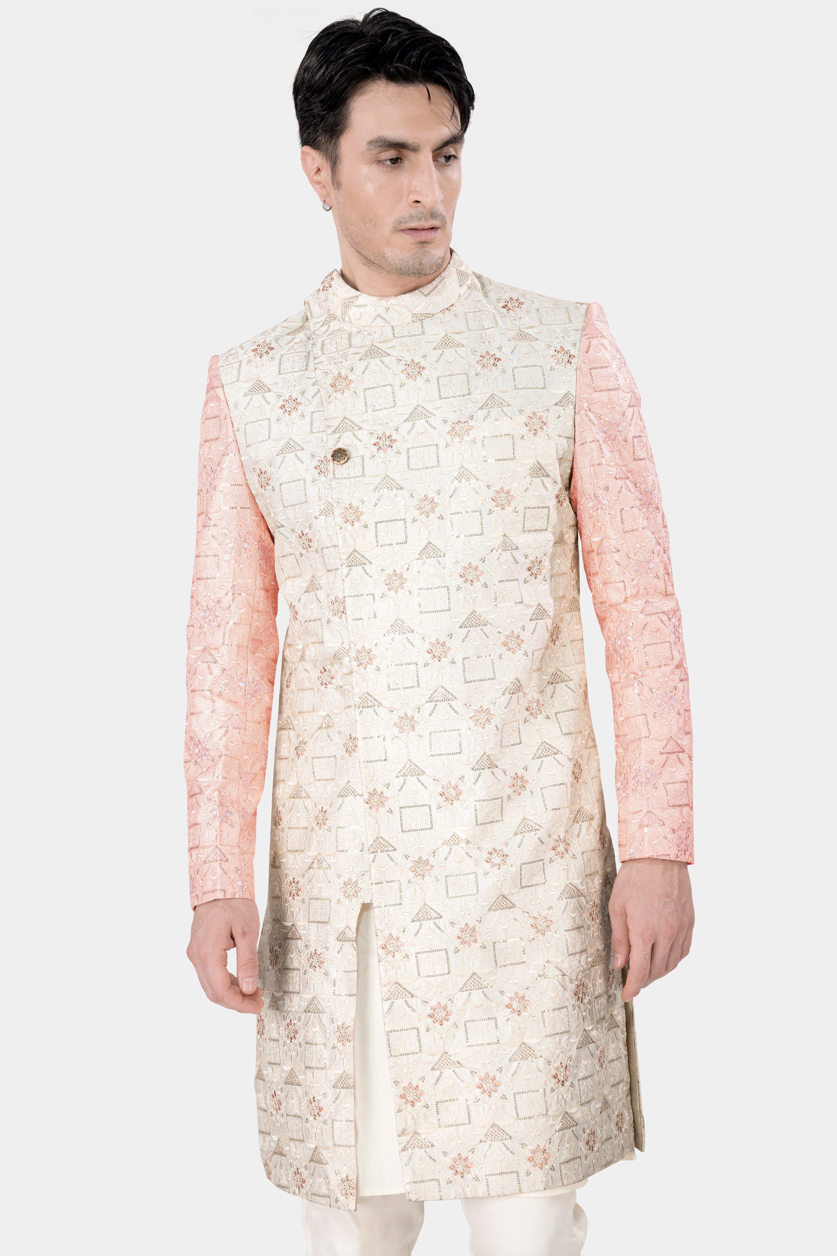 Alabaster Cream and Blush Pink Embroidered With Sequins Work Sherwani With Cream Kurta and Pajama Set