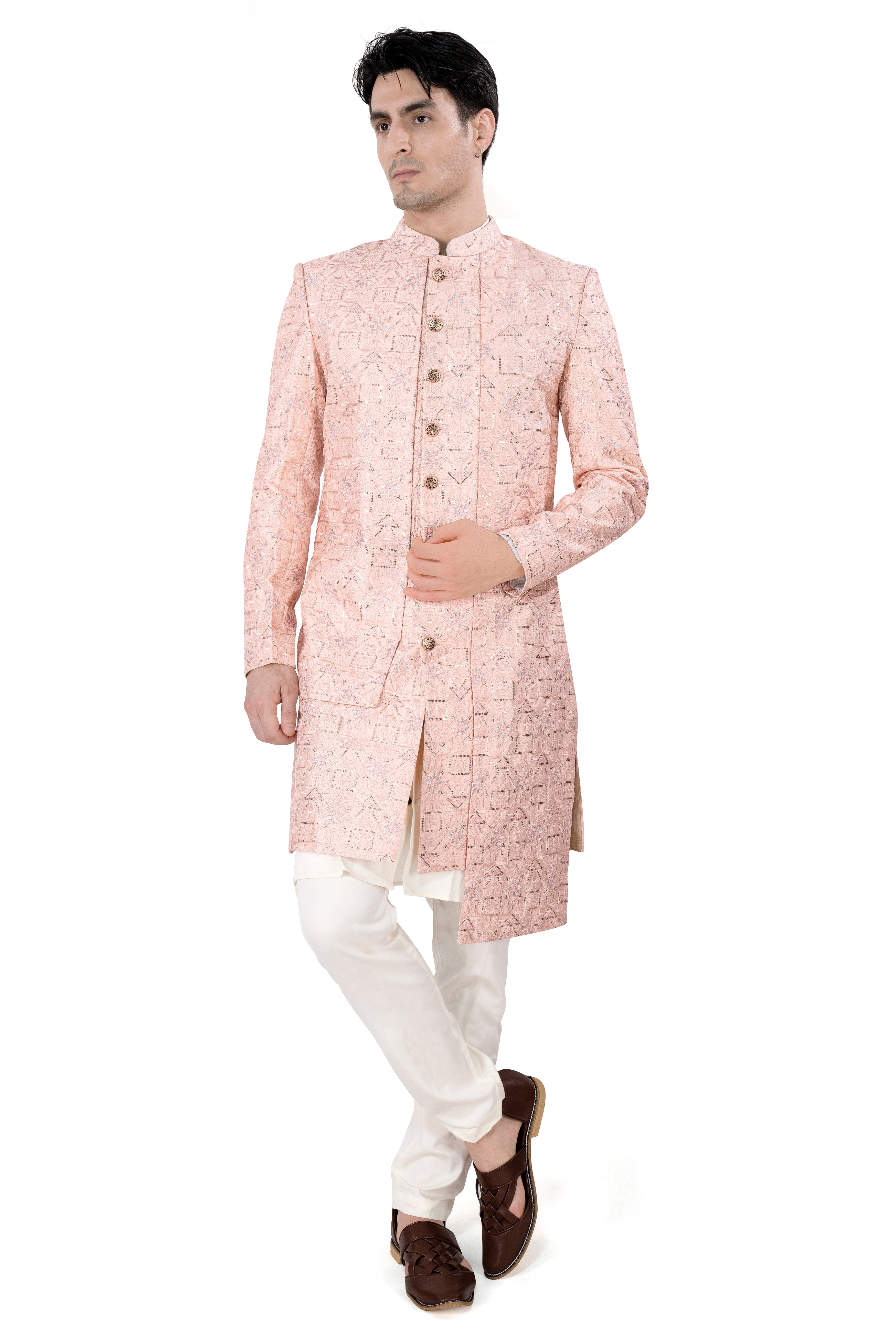 Mandys Pink Tone on Tone Embroidered With Sequins Work Indo Western With Kurta and Pajama Set