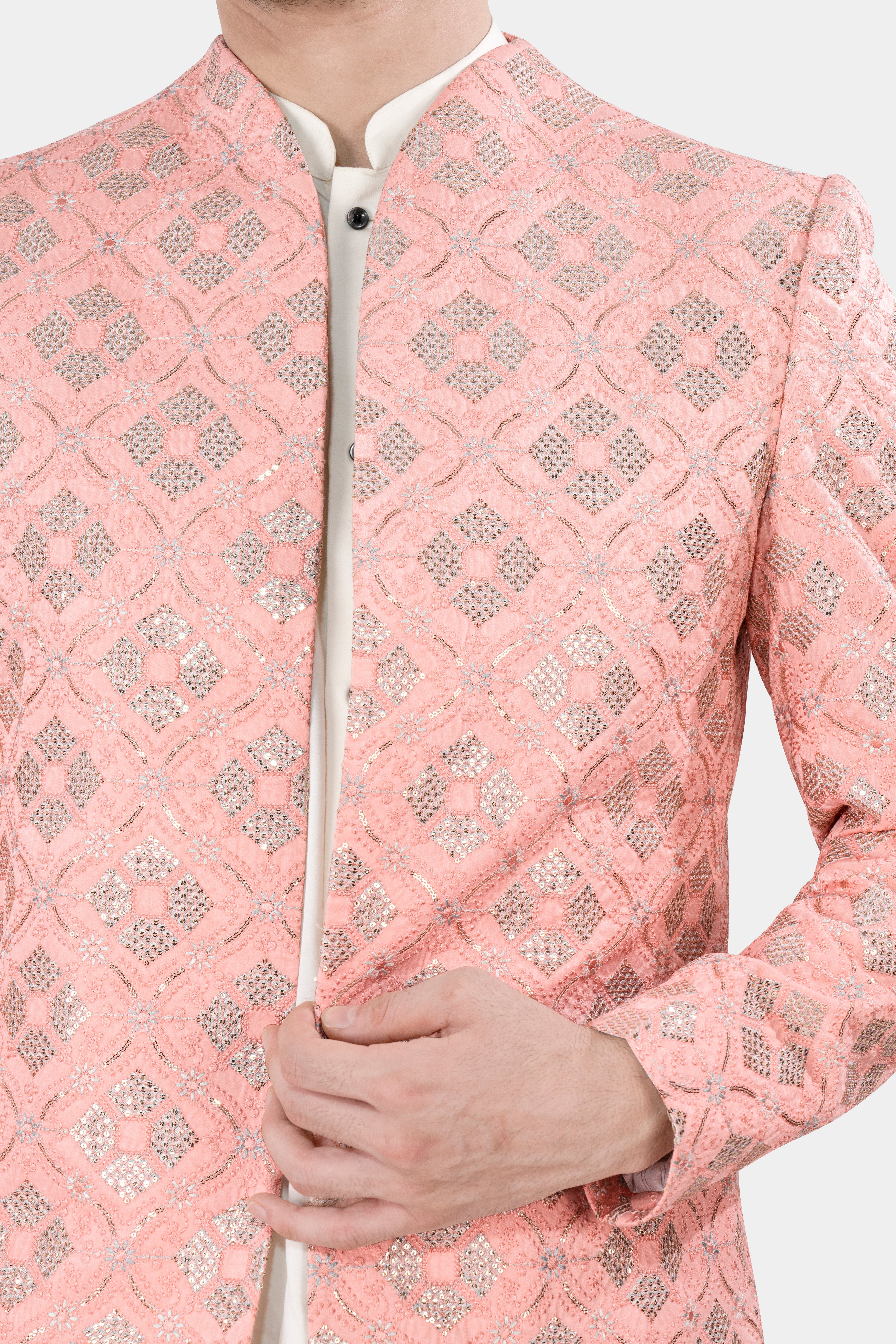 Blush Pink and Alabaster Cream Embroidered With Sequins Work Indo Western With Kurta and Pant Set