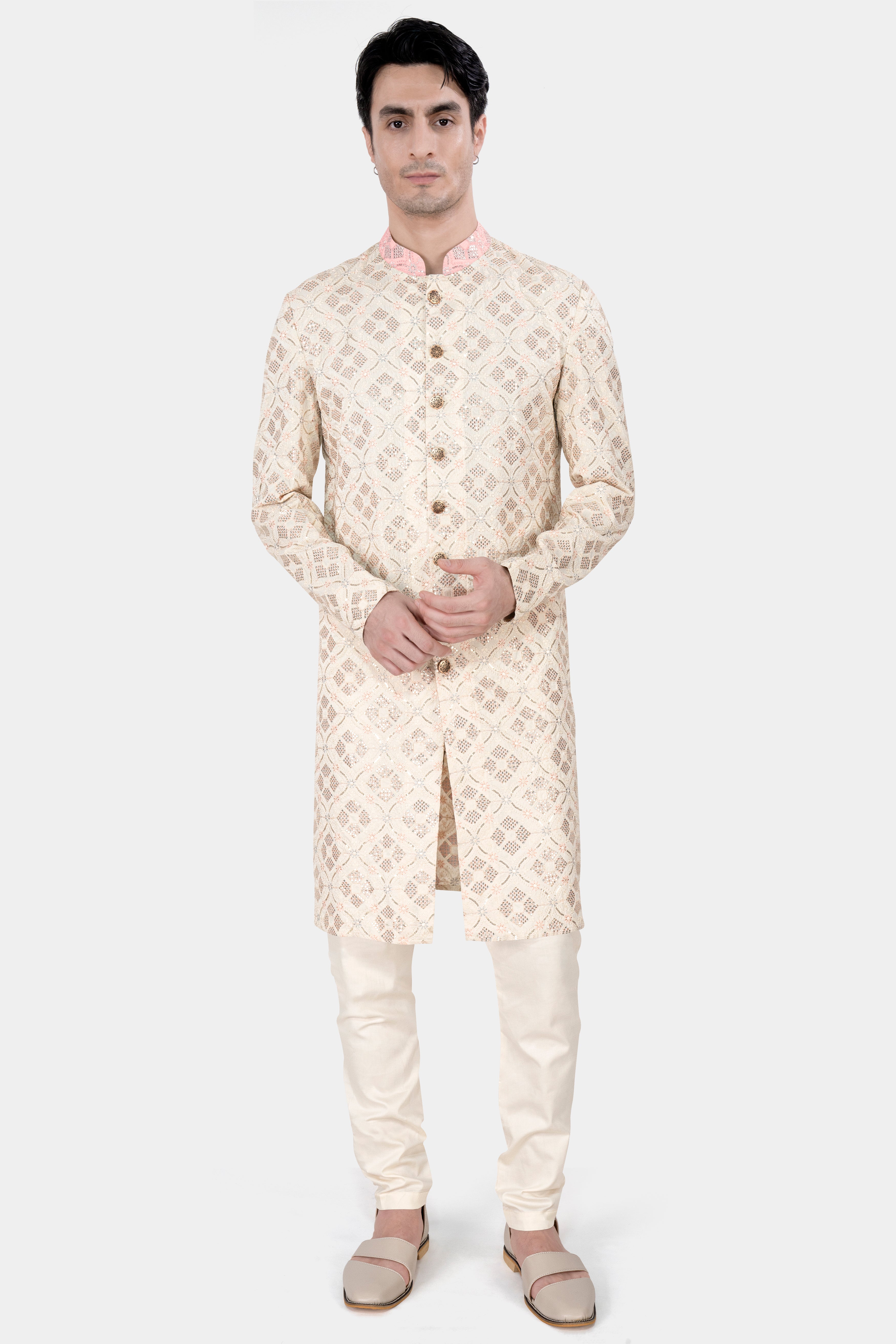 Almond Beige and Cosmos Pink Embroidered With Sequins Work Sherwani With Kurta and Pajama Set