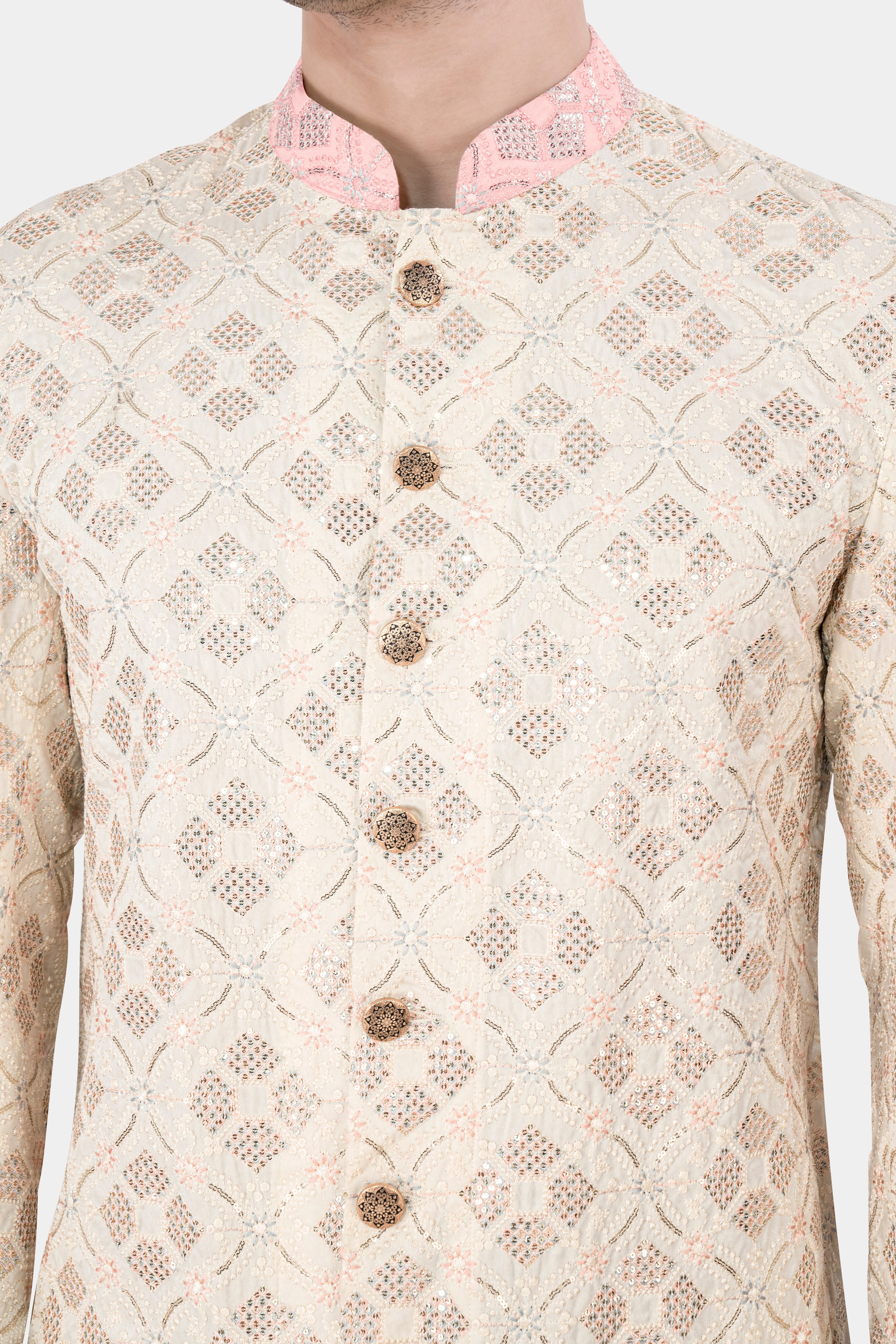 Almond Beige and Cosmos Pink Embroidered With Sequins Work Sherwani With Kurta and Pajama Set