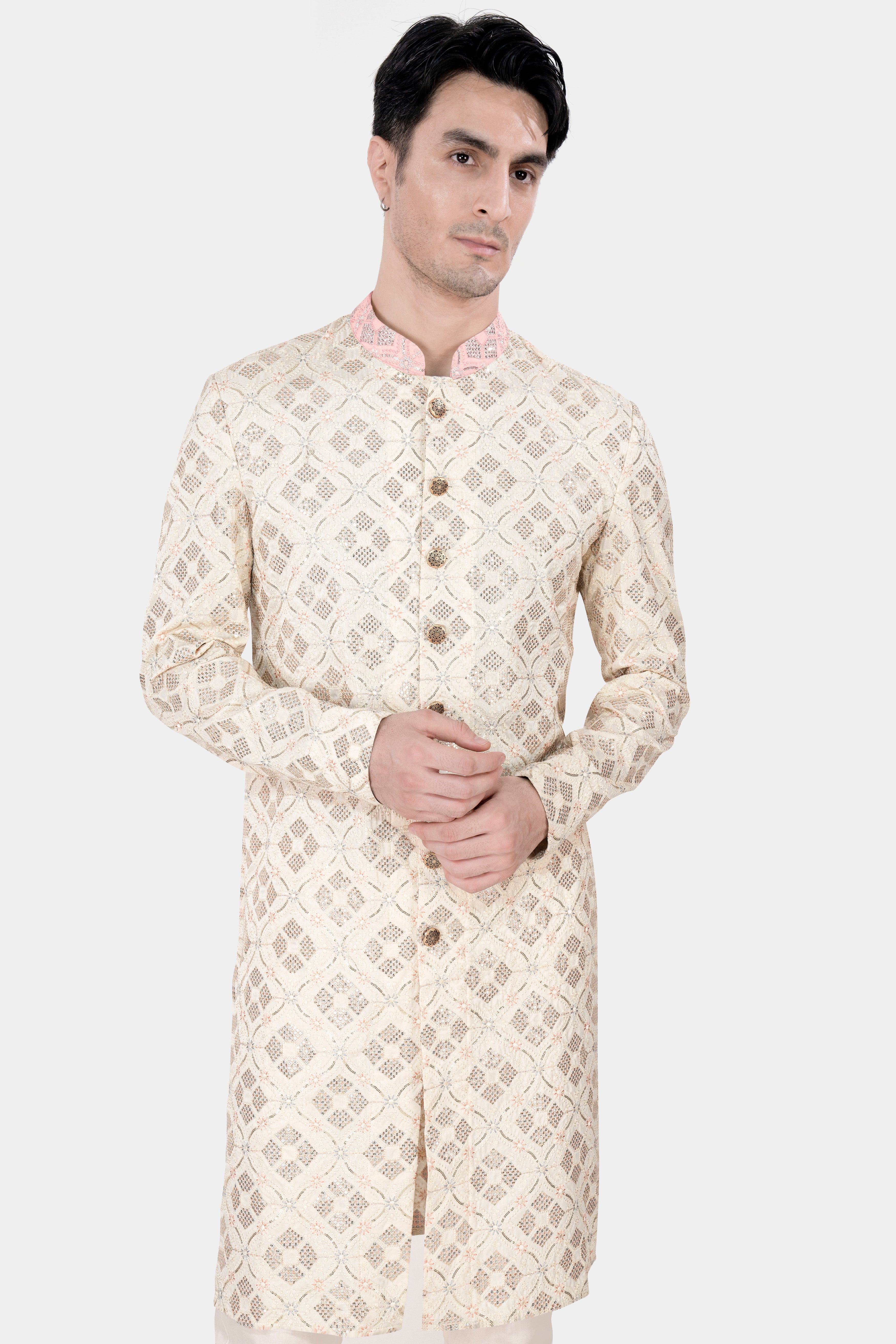 Almond Beige and Cosmos Pink Embroidered With Sequins Work Sherwani With Kurta and Pajama Set