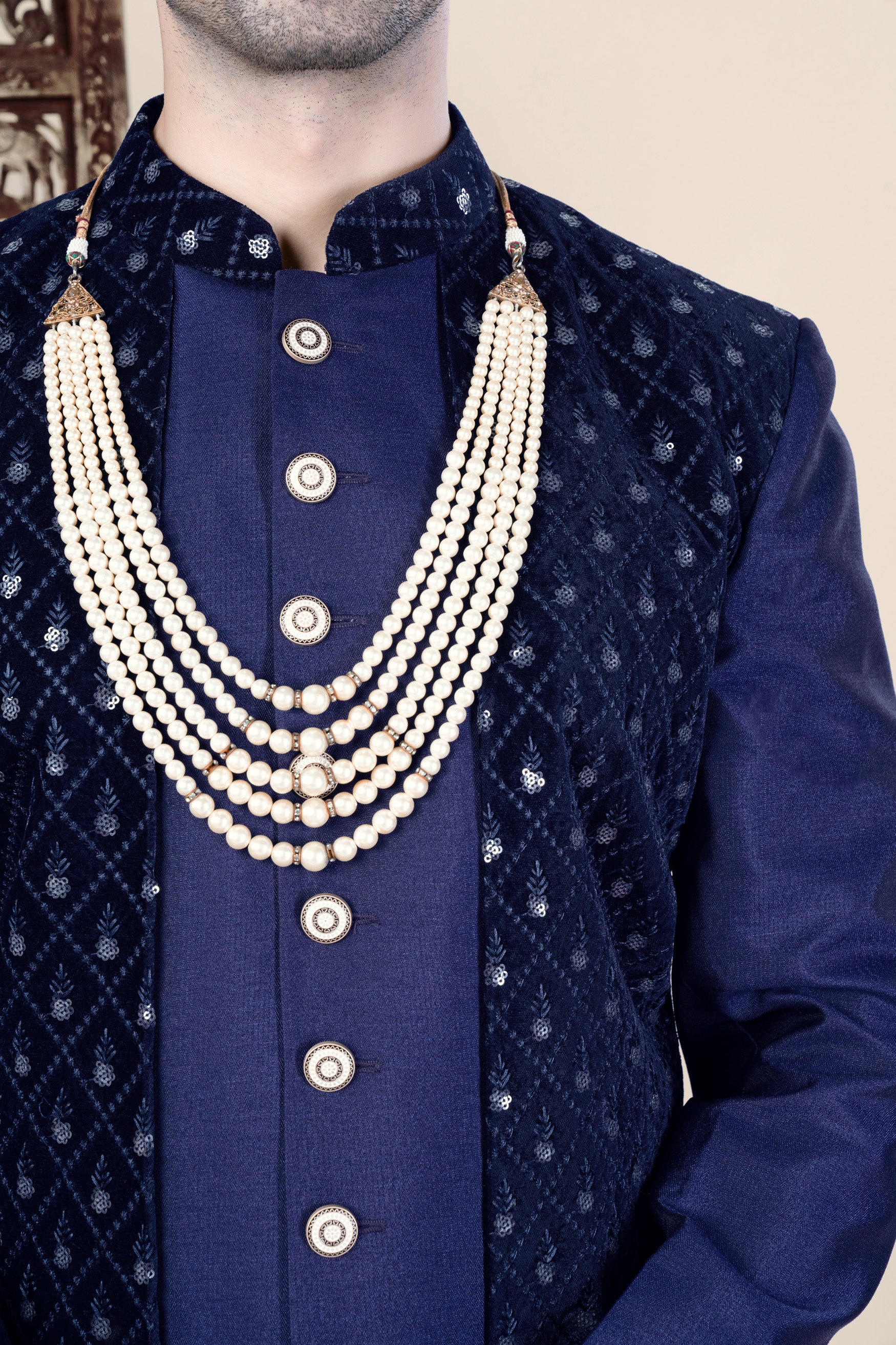 Haiti and Rhino Blue Geometric Thread and Sequin Embroidered Indo-Western Set