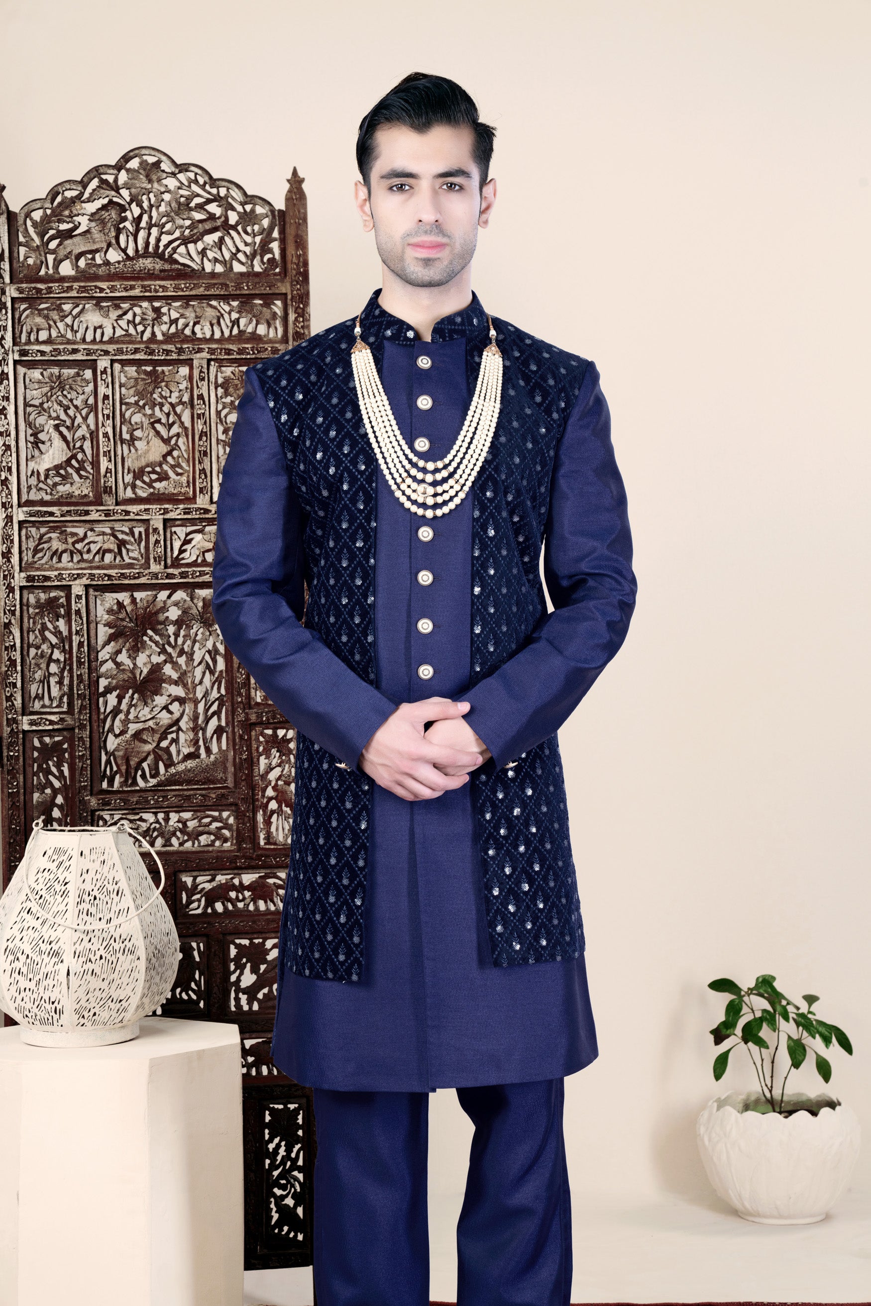 Haiti and Rhino Blue Geometric Thread and Sequin Embroidered Indo-Western Set