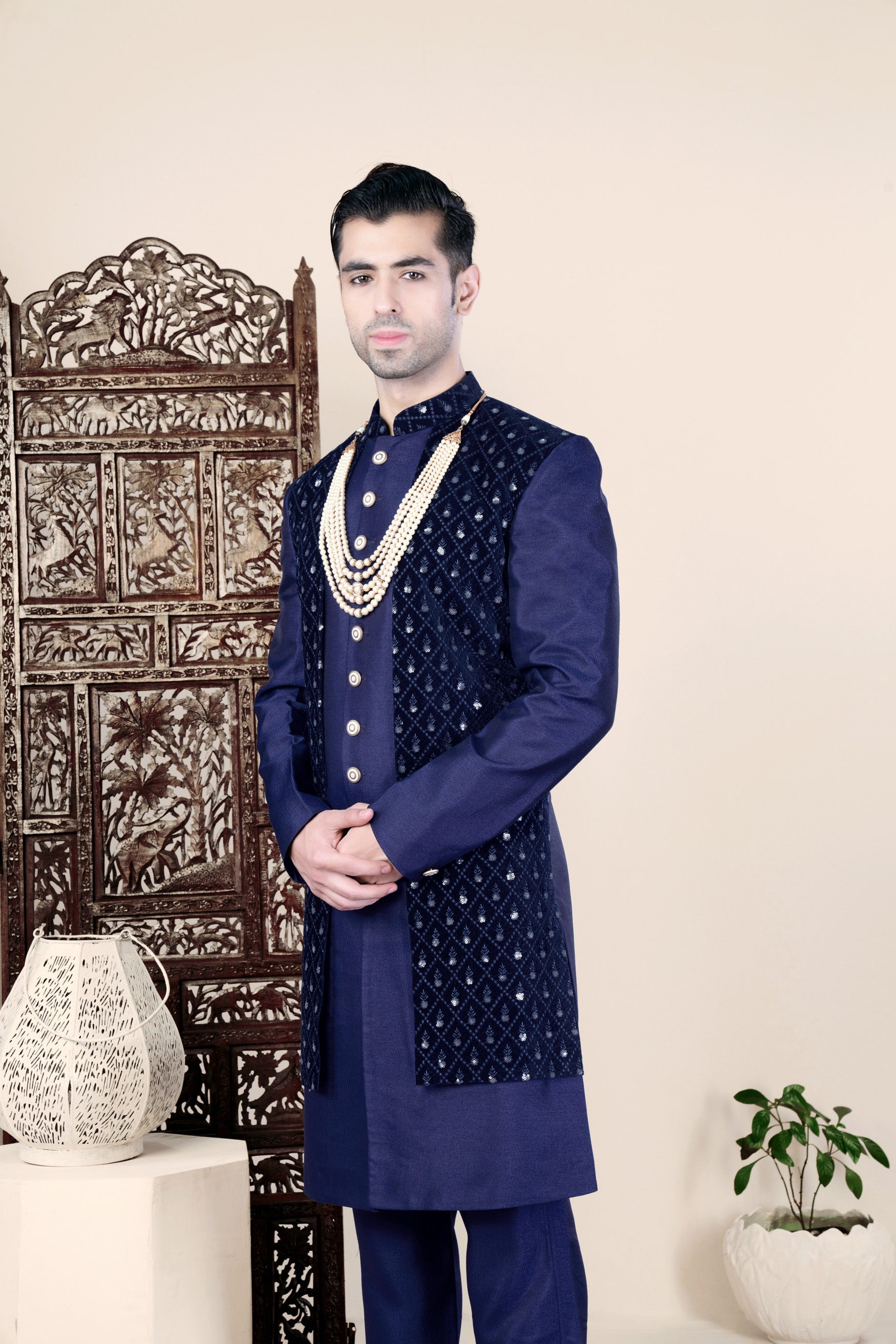 Haiti and Rhino Blue Geometric Thread and Sequin Embroidered Indo-Western Set