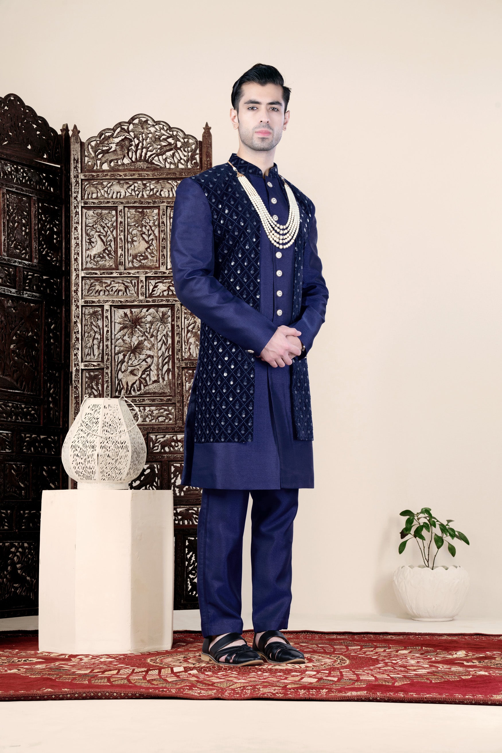 Haiti and Rhino Blue Geometric Thread and Sequin Embroidered Indo-Western Set