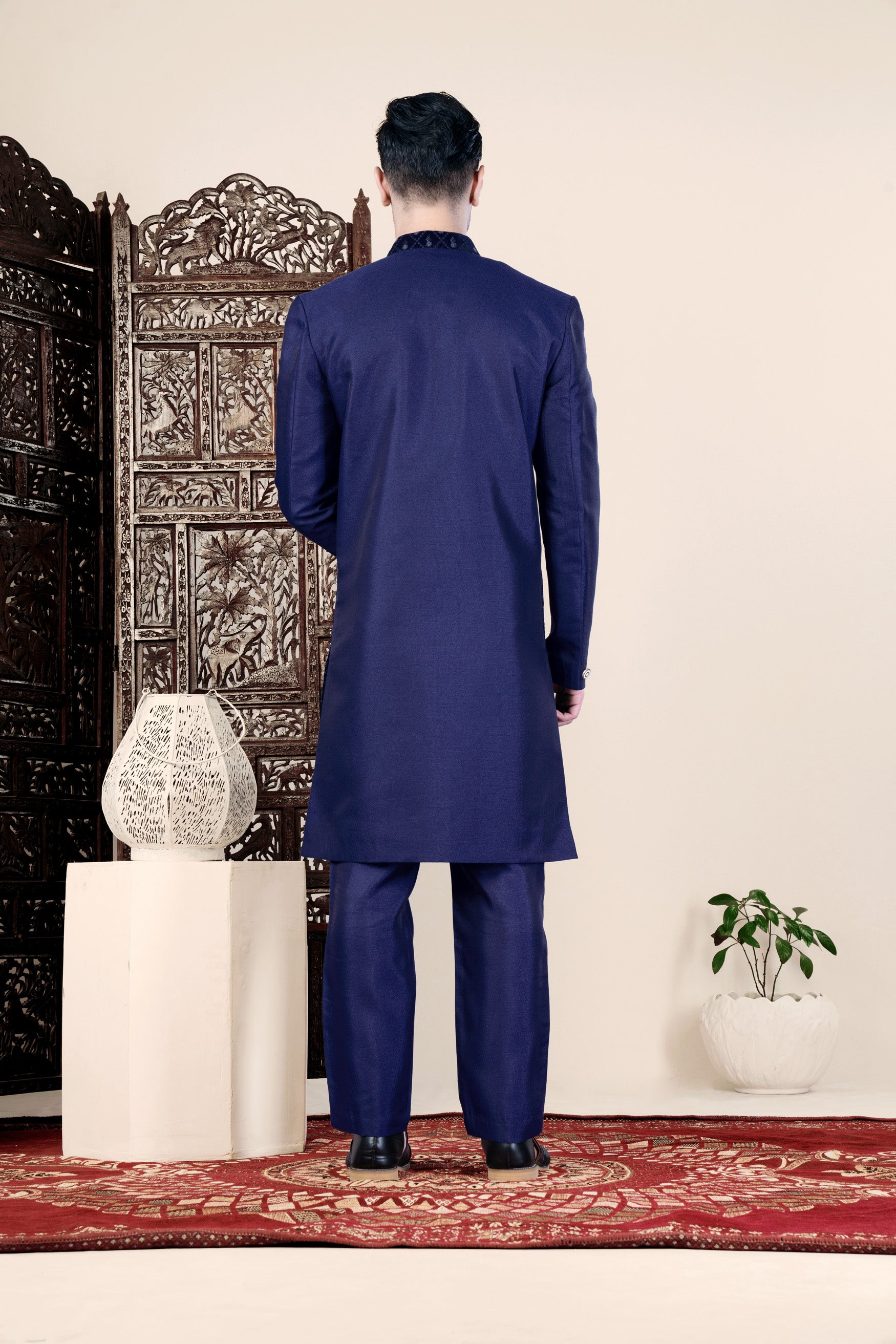 Haiti and Rhino Blue Geometric Thread and Sequin Embroidered Indo-Western Set