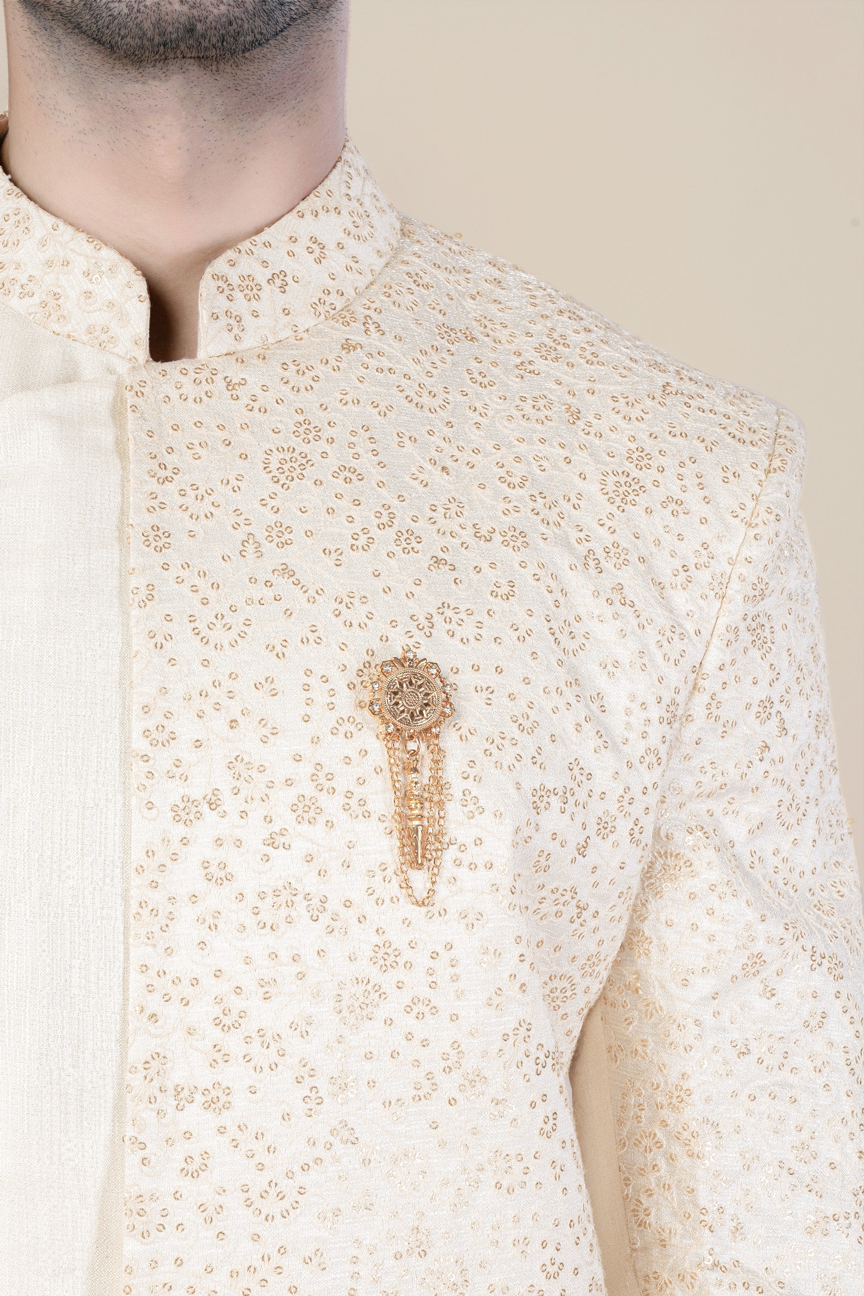Parchment Cream Thread and Sequin Embroidered Indo-Western Sherwani Set