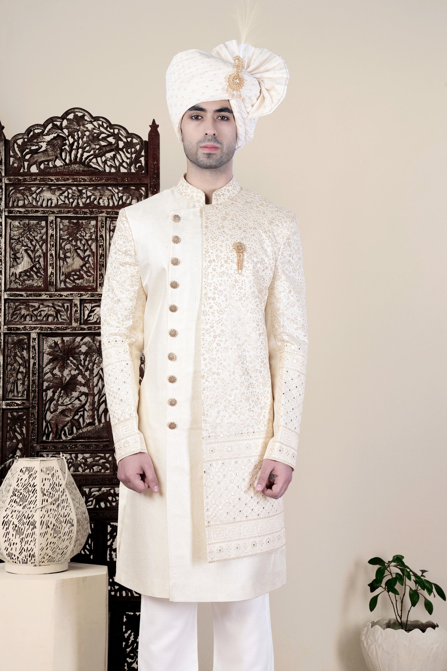 Parchment Cream Thread and Sequin Embroidered Indo-Western Sherwani Set