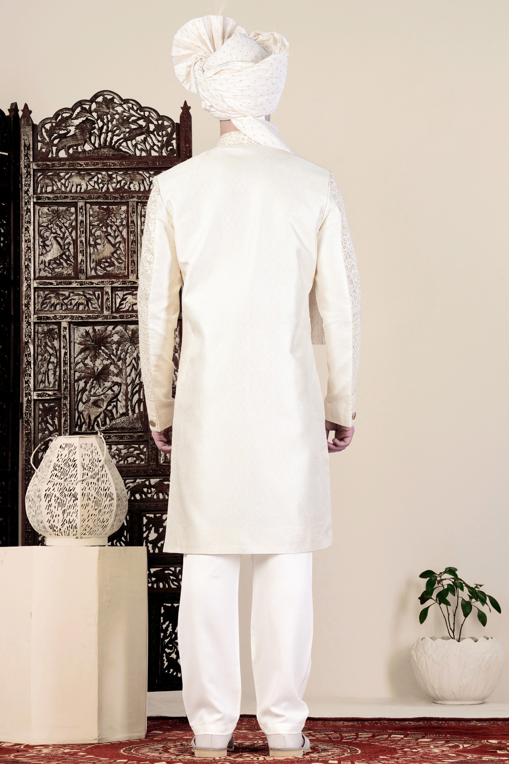 Parchment Cream Thread and Sequin Embroidered Indo-Western Sherwani Set