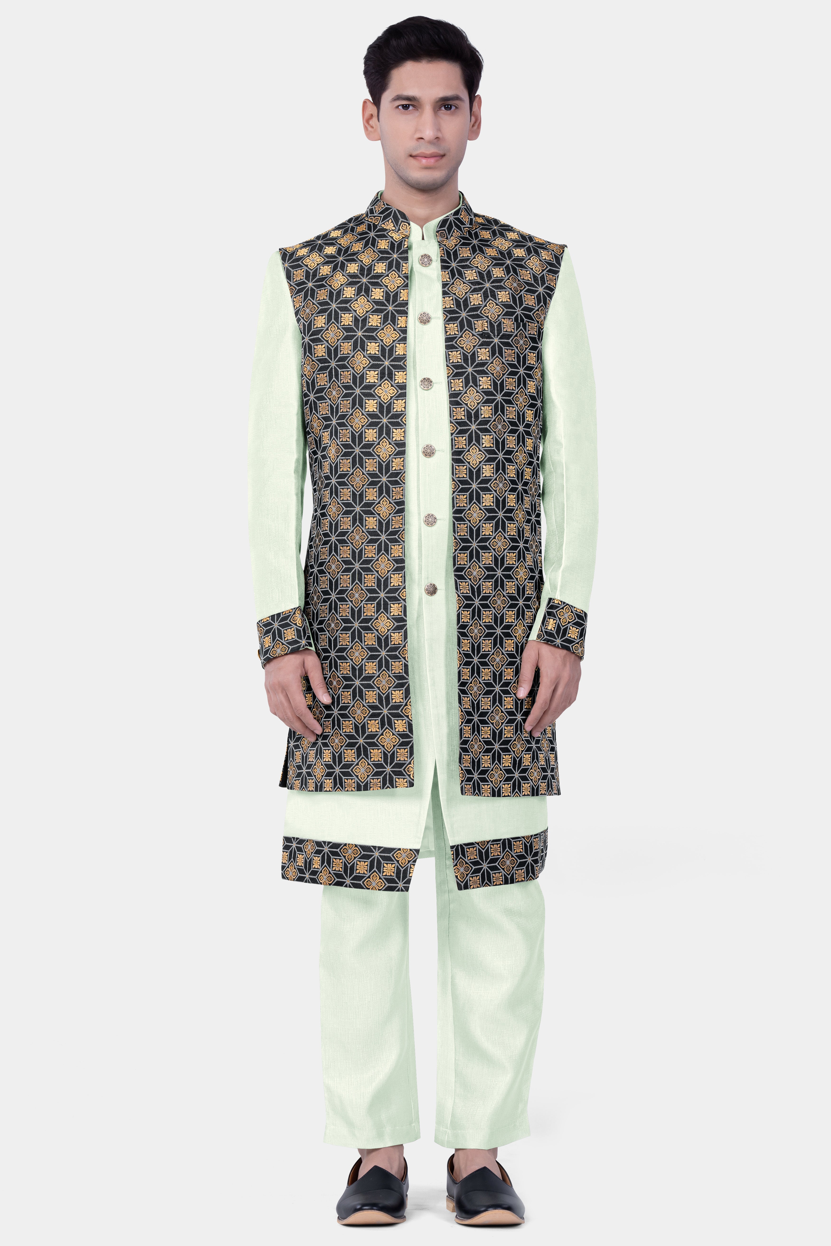 Zanah Green Jacquard Weave Indo-Western Set