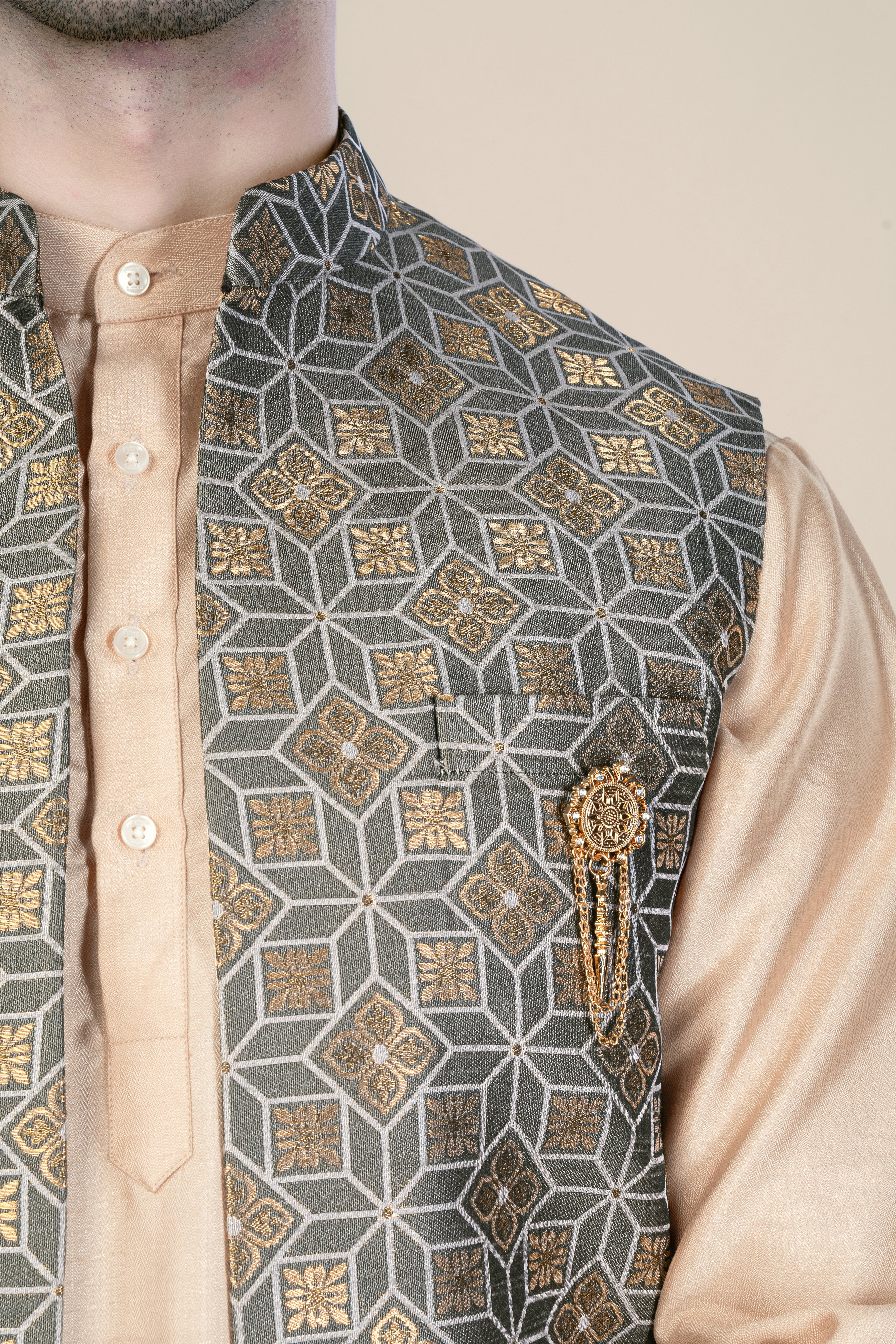 Friar Gray and Pavlova Brown Geometric Pattern Jacquard Weave Long Open Koti with Kurta Set SH92-SRW66-36, SH92-SRW66-38, SH92-SRW66-40, SH92-SRW66-42, SH92-SRW66-44, SH92-SRW66-46, SH92-SRW66-48, SH92-SRW66-50, SH92-SRW66-52, SH92-SRW66-54, SH92-SRW66-56, SH92-SRW66-58, SH92-SRW66-60