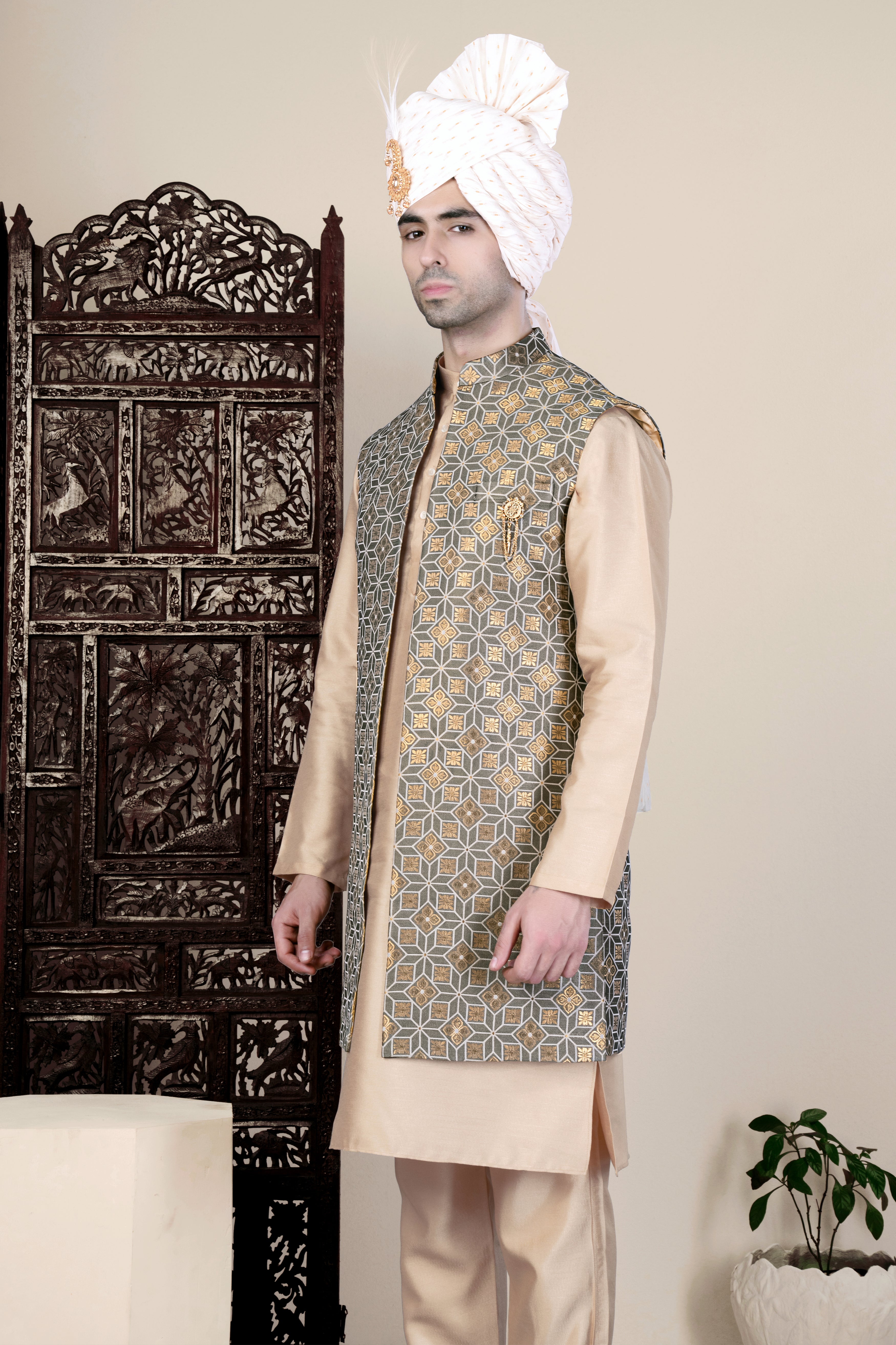 Friar Gray and Pavlova Brown Geometric Pattern Jacquard Weave Long Open Koti with Kurta Set SH92-SRW66-36, SH92-SRW66-38, SH92-SRW66-40, SH92-SRW66-42, SH92-SRW66-44, SH92-SRW66-46, SH92-SRW66-48, SH92-SRW66-50, SH92-SRW66-52, SH92-SRW66-54, SH92-SRW66-56, SH92-SRW66-58, SH92-SRW66-60