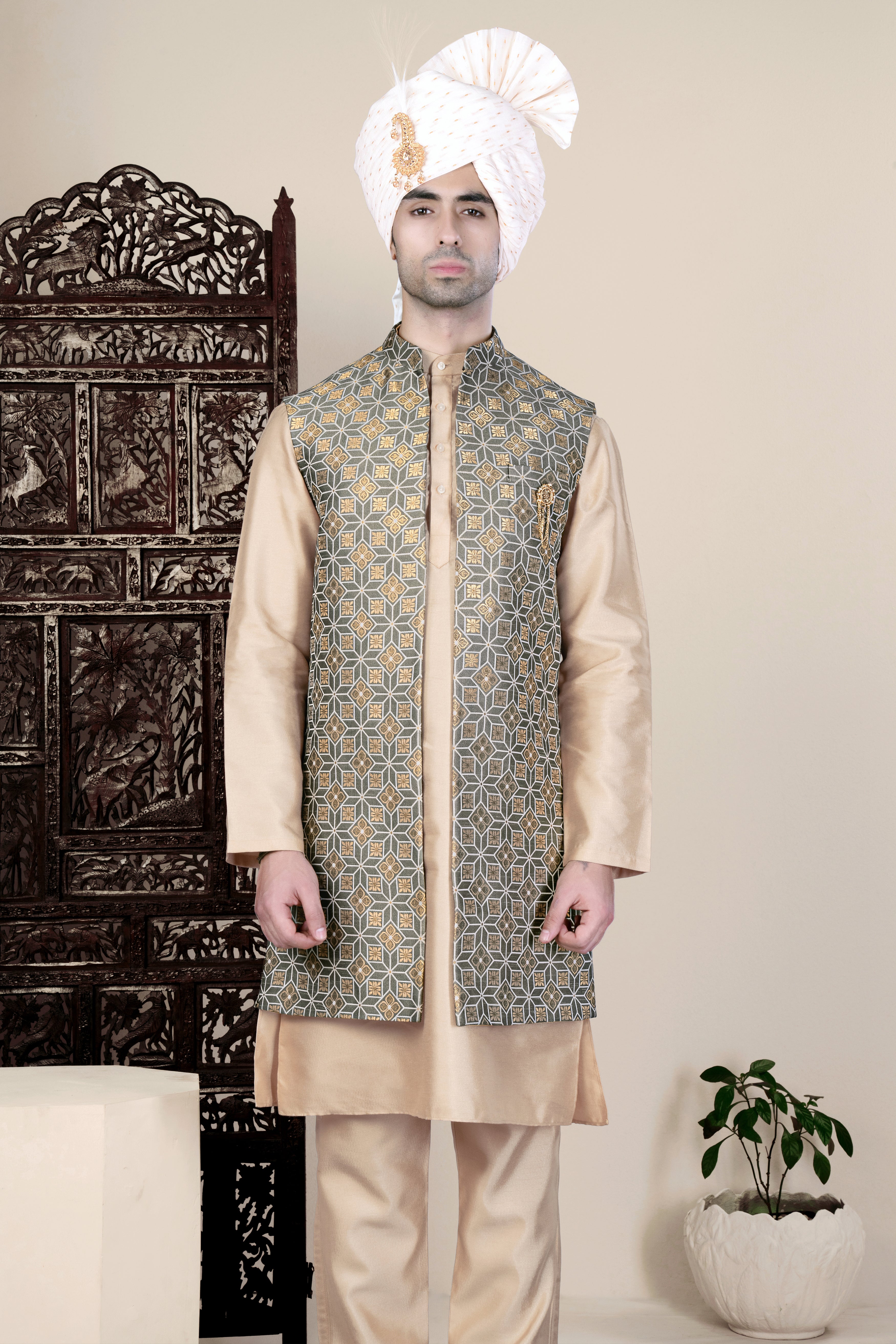 Friar Gray and Pavlova Brown Geometric Pattern Jacquard Weave Long Open Koti with Kurta Set SH92-SRW66-36, SH92-SRW66-38, SH92-SRW66-40, SH92-SRW66-42, SH92-SRW66-44, SH92-SRW66-46, SH92-SRW66-48, SH92-SRW66-50, SH92-SRW66-52, SH92-SRW66-54, SH92-SRW66-56, SH92-SRW66-58, SH92-SRW66-60