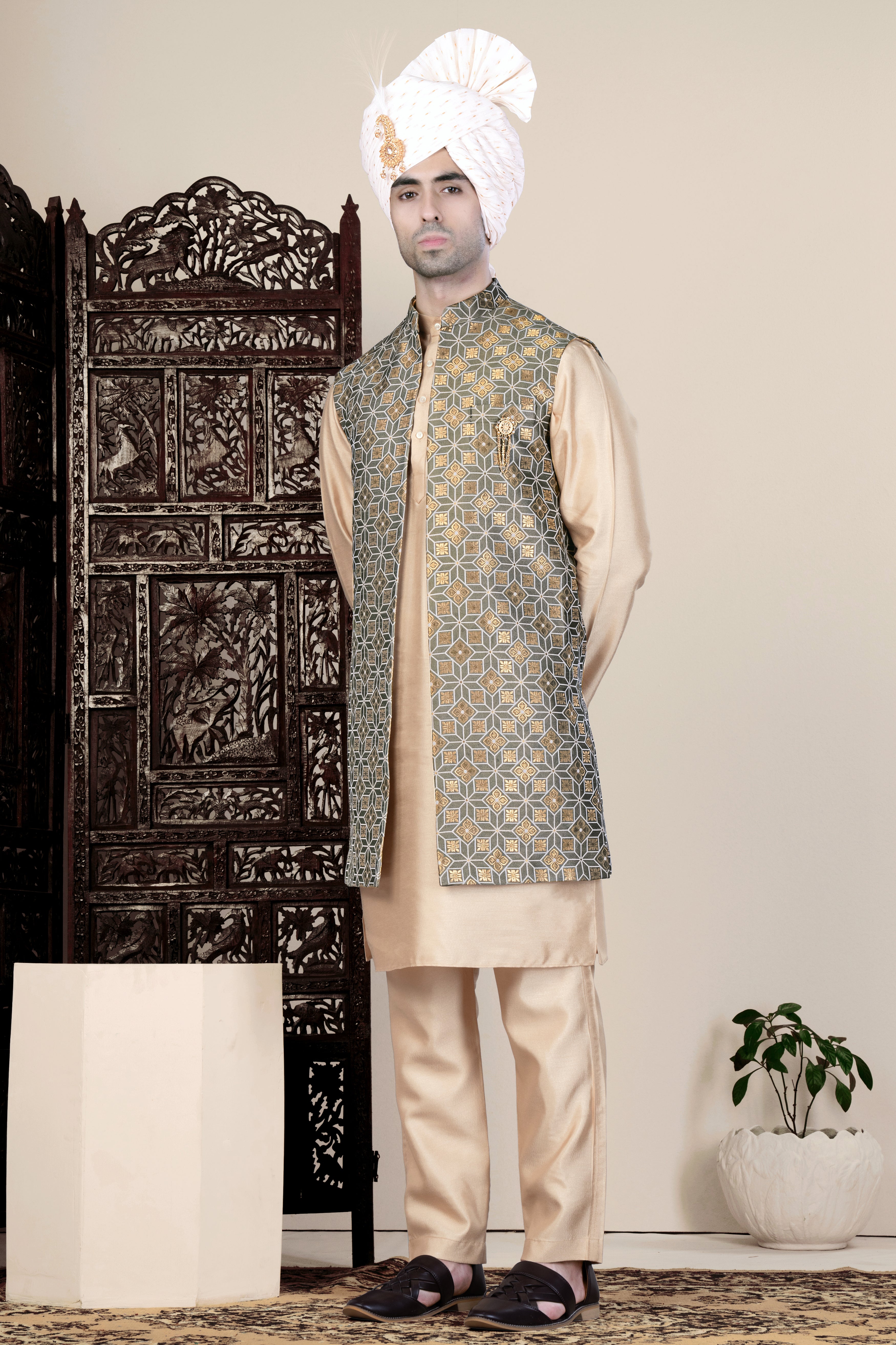 Friar Gray and Pavlova Brown Geometric Pattern Jacquard Weave Long Open Koti with Kurta Set SH92-SRW66-36, SH92-SRW66-38, SH92-SRW66-40, SH92-SRW66-42, SH92-SRW66-44, SH92-SRW66-46, SH92-SRW66-48, SH92-SRW66-50, SH92-SRW66-52, SH92-SRW66-54, SH92-SRW66-56, SH92-SRW66-58, SH92-SRW66-60