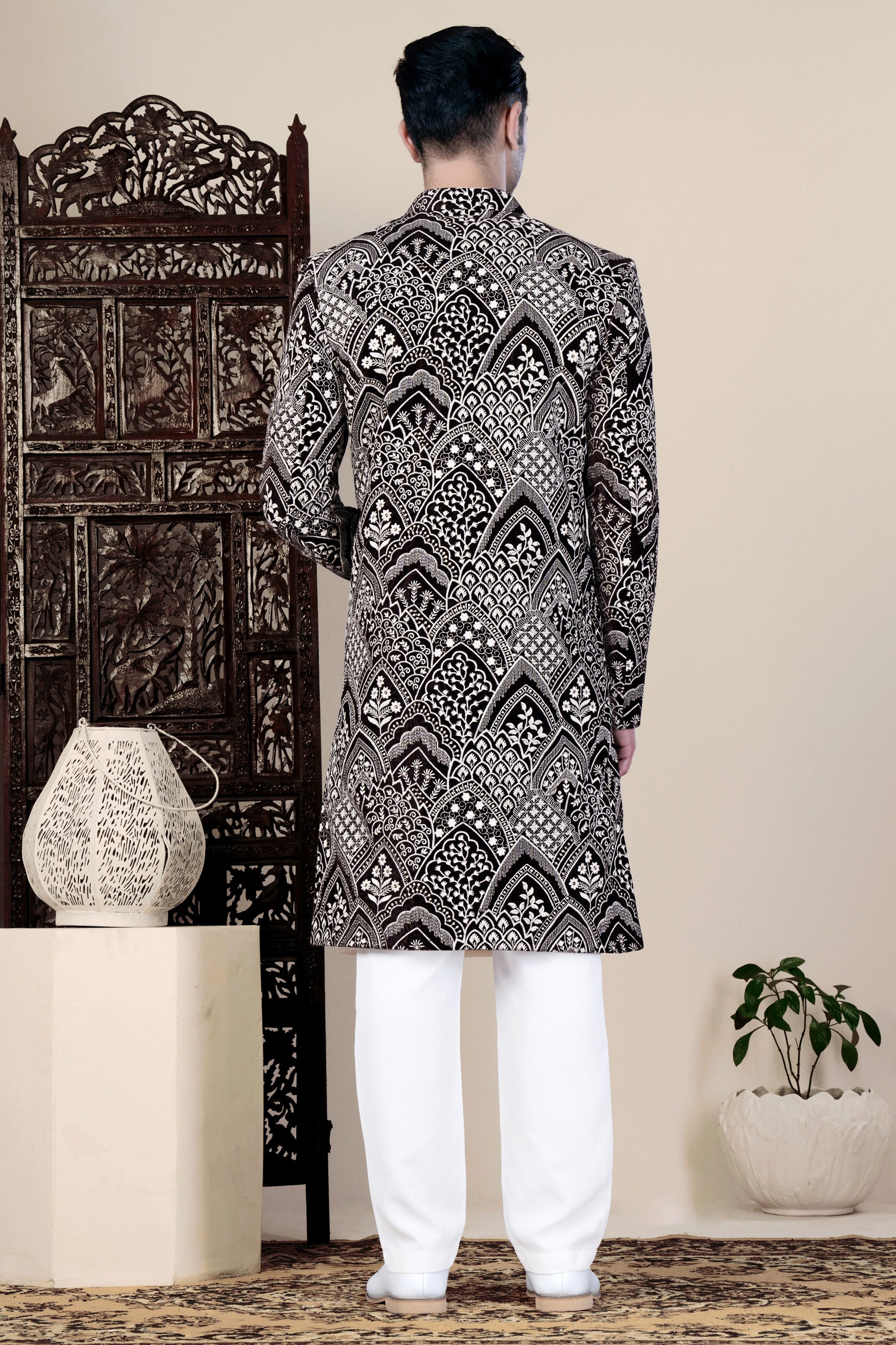 Jade Black and White Floral Thread Embroidered Indo-Western Set