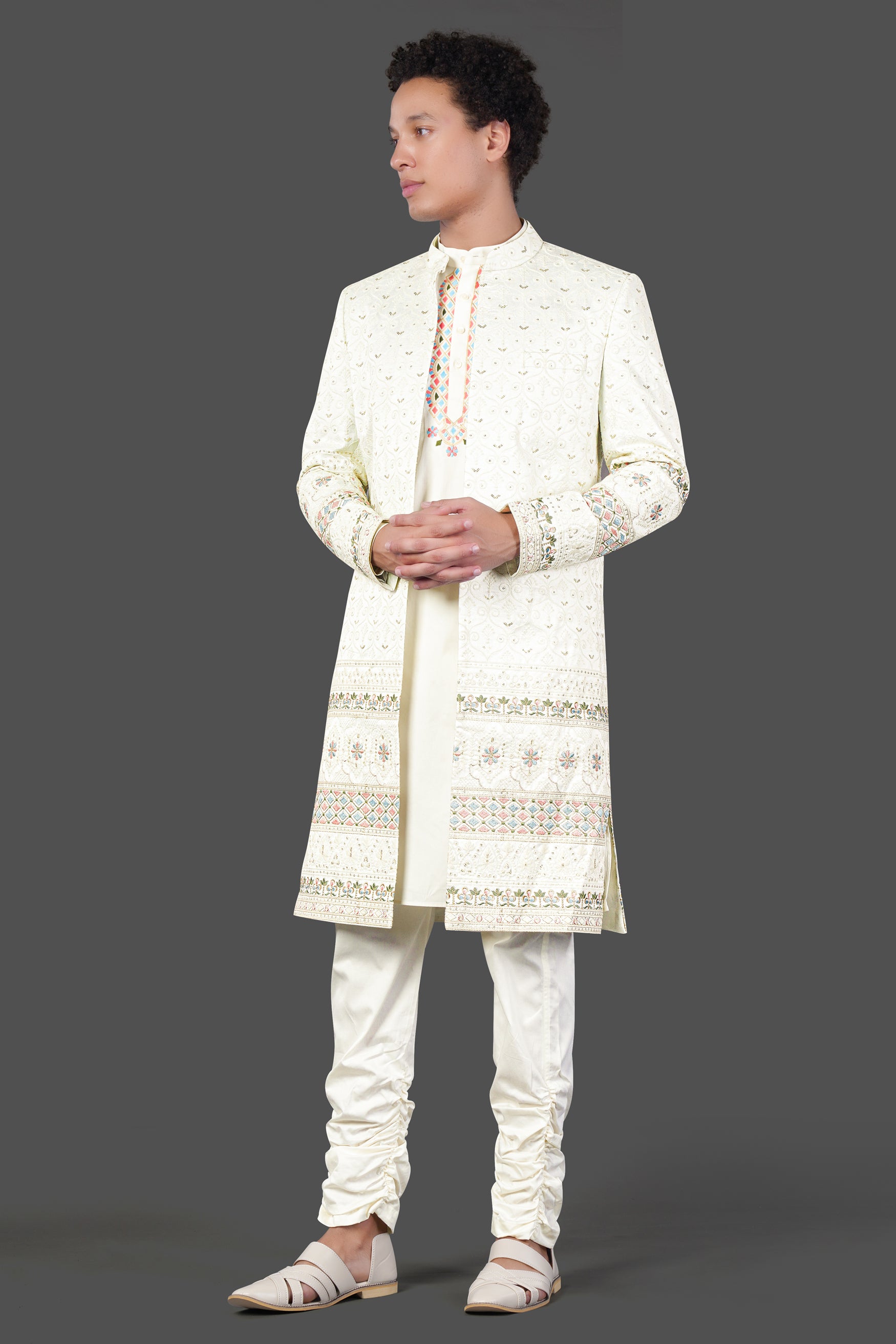 Merino Cream Multicolour Thread and Sequin Embroidered Indo-Western Sherwani