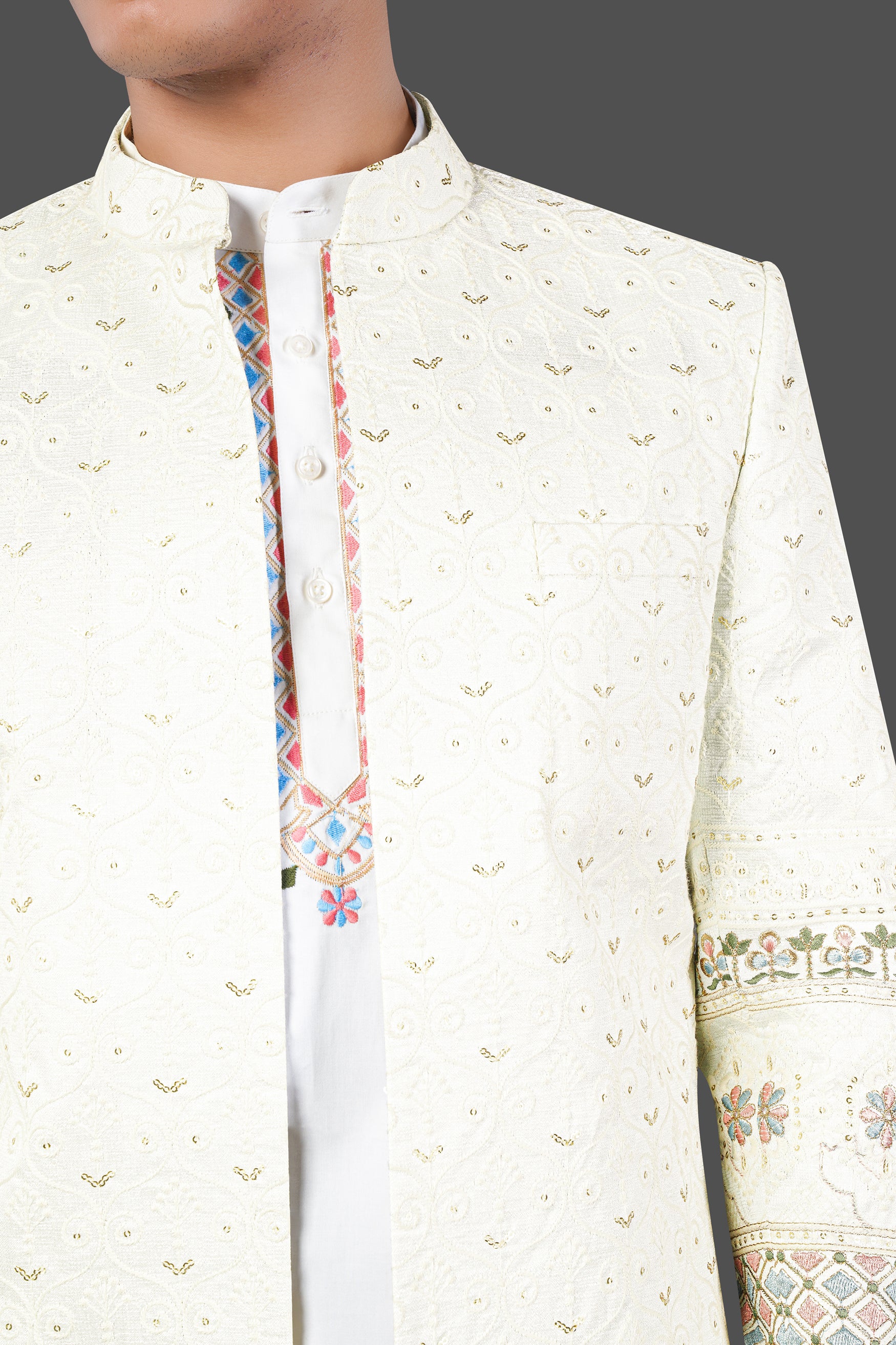Merino Cream Multicolour Thread and Sequin Embroidered Indo-Western Sherwani