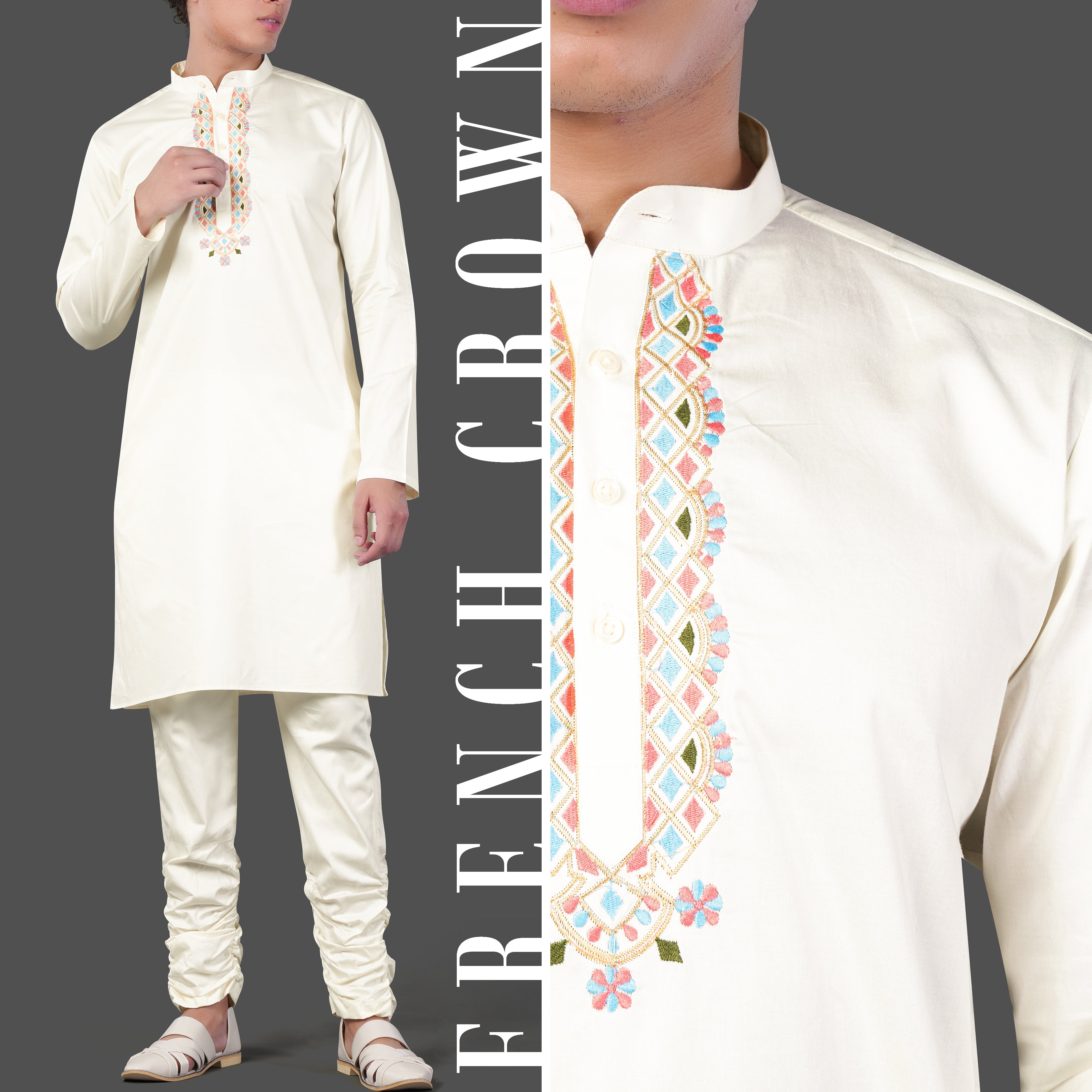 Merino Cream Multicolour Thread and Sequin Embroidered Indo-Western Sherwani