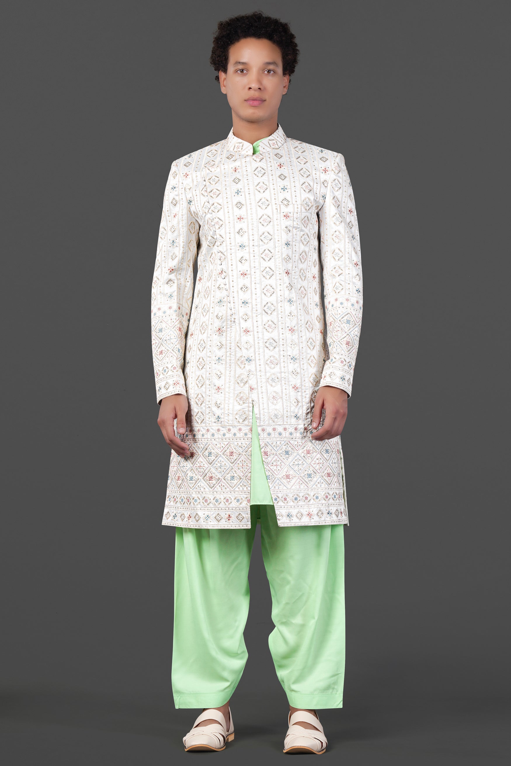 Merino Cream with Alpine Brown Multicolour Sequin Embroidered Indo-Western Sherwani