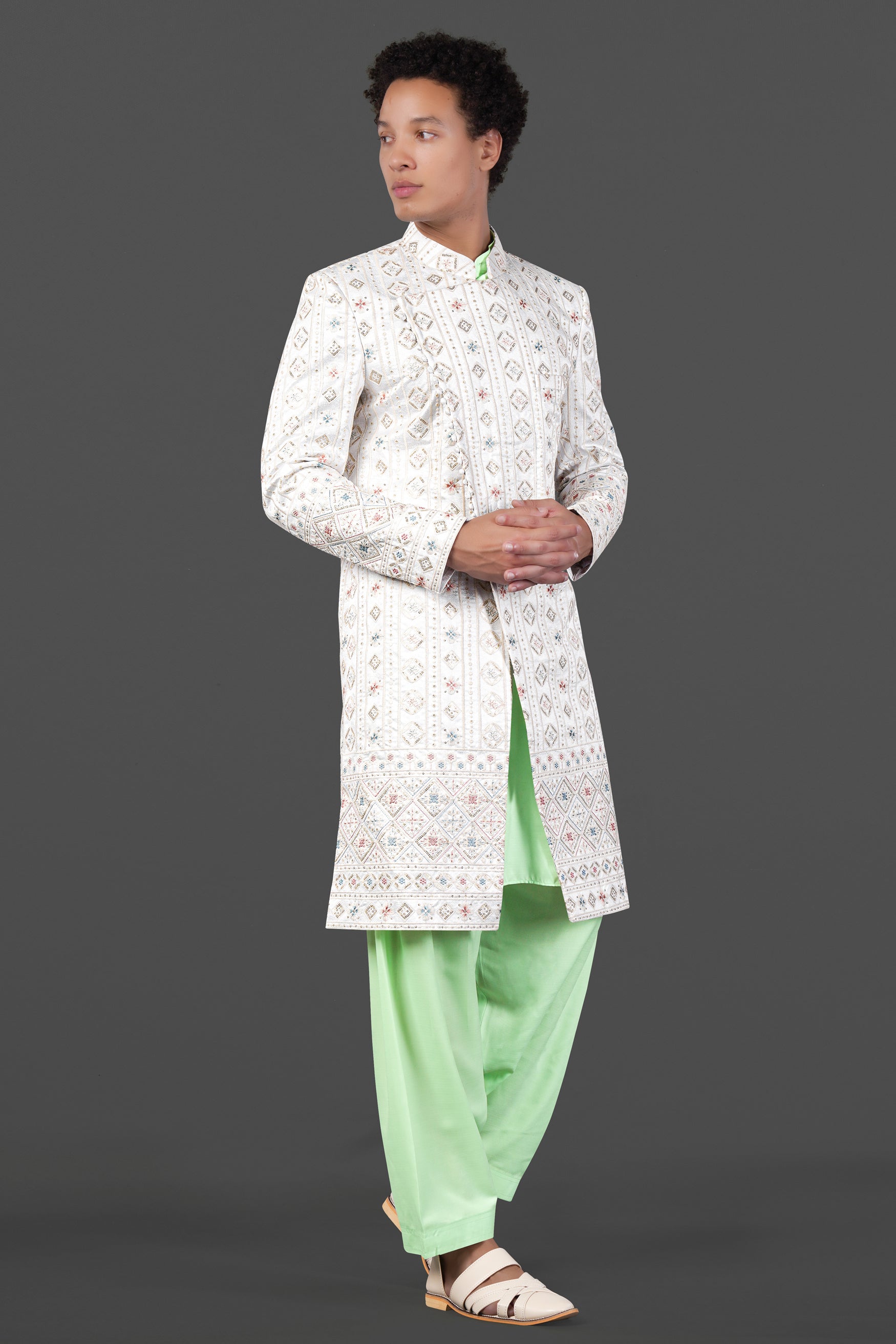 Merino Cream with Alpine Brown Multicolour Sequin Embroidered Indo-Western Sherwani