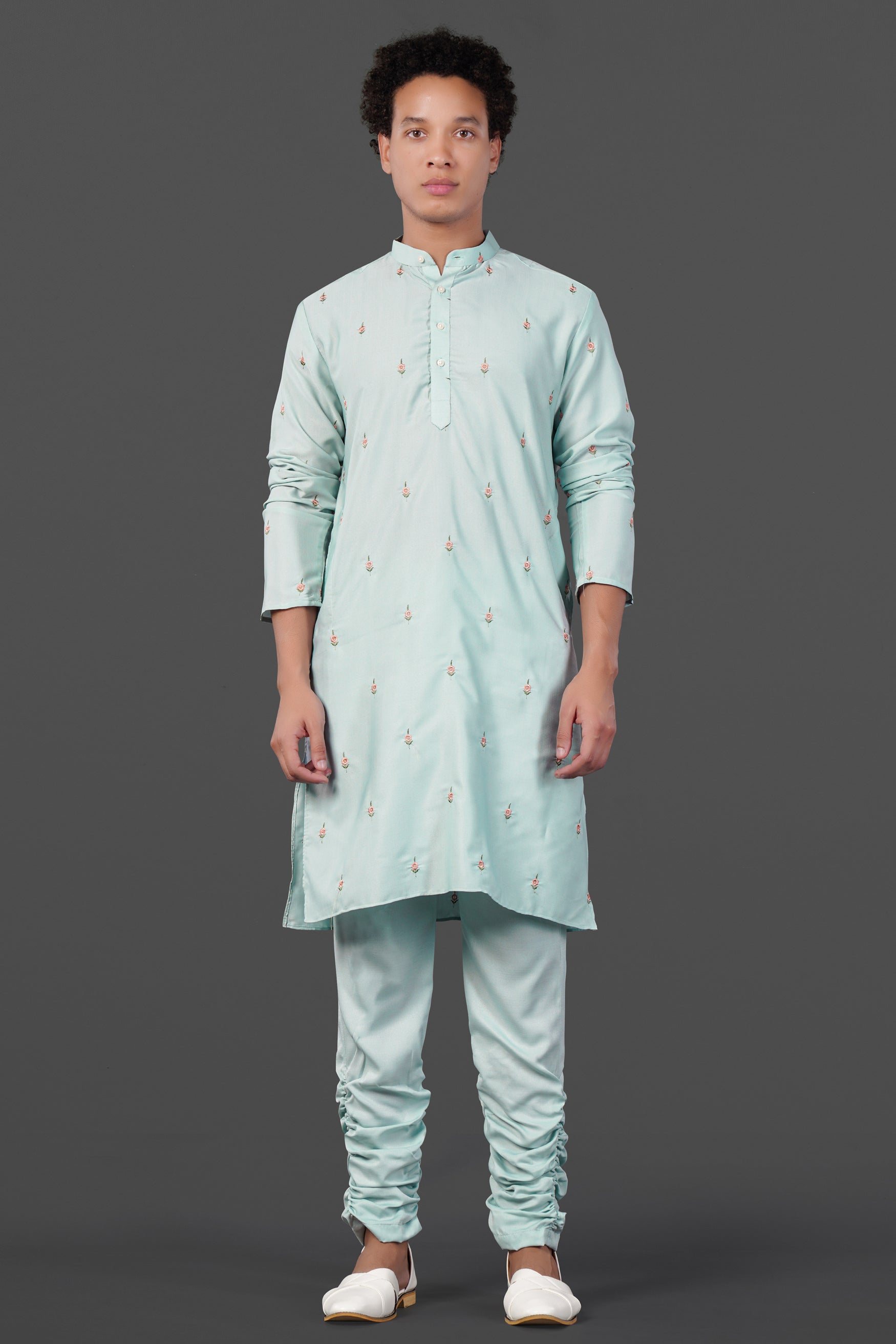 Merino Cream and Apricot Peach Multicolour Thread and Sequin Embroidered Indo-Western Sherwani