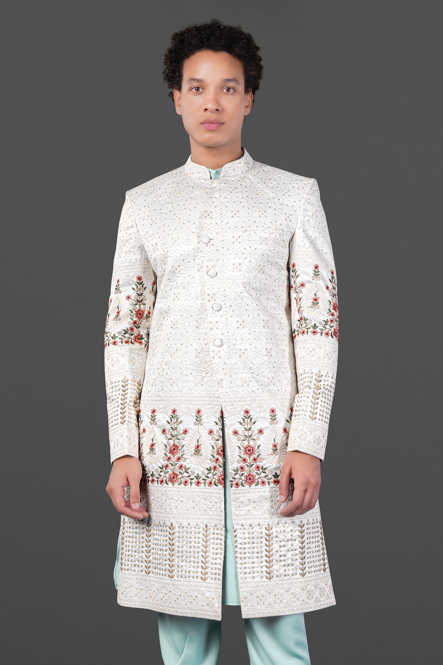 Merino Cream and Apricot Peach Multicolour Thread and Sequin Embroidered Indo-Western Sherwani