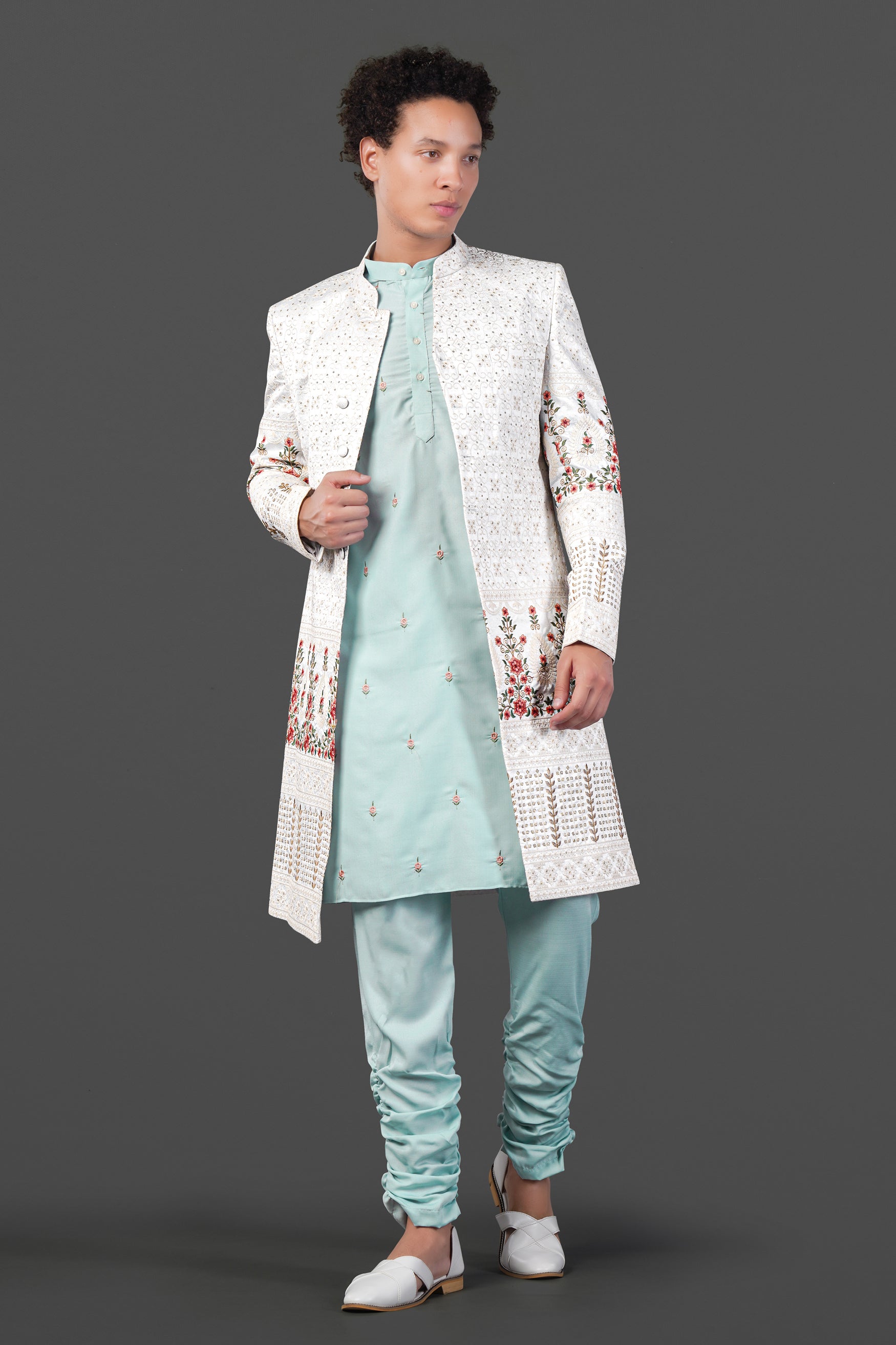 Merino Cream and Apricot Peach Multicolour Thread and Sequin Embroidered Indo-Western Sherwani