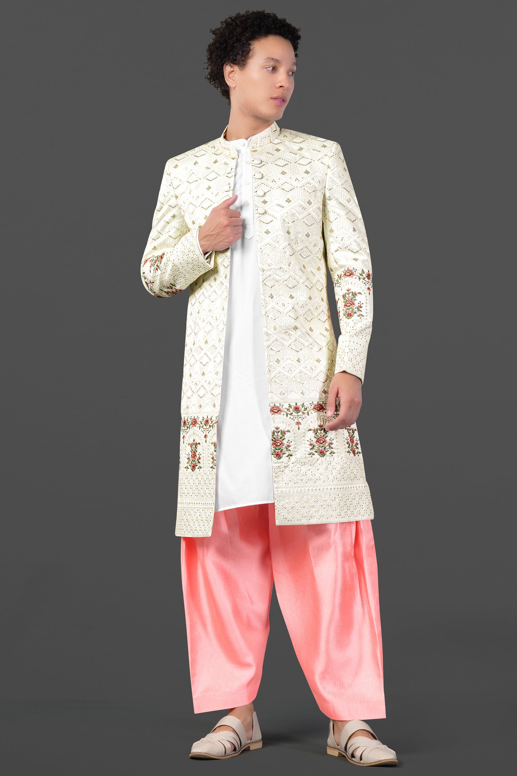 Porcelain Cream and Apricot Peach Multicolour Thread and Sequin Embroidered Indo-Western Sherwani