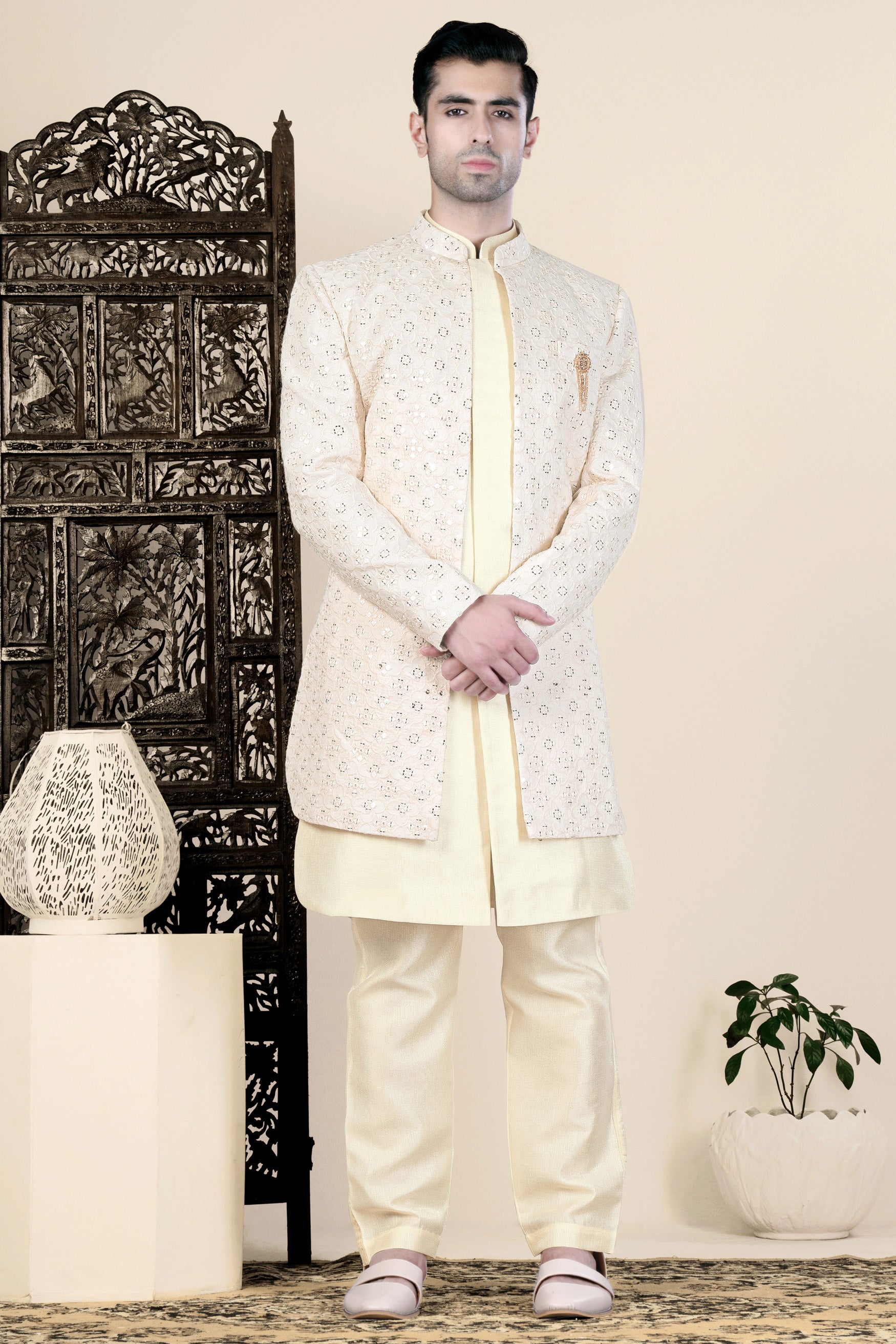Almond Beige Thread and Sequin Embroidered Indo-Western